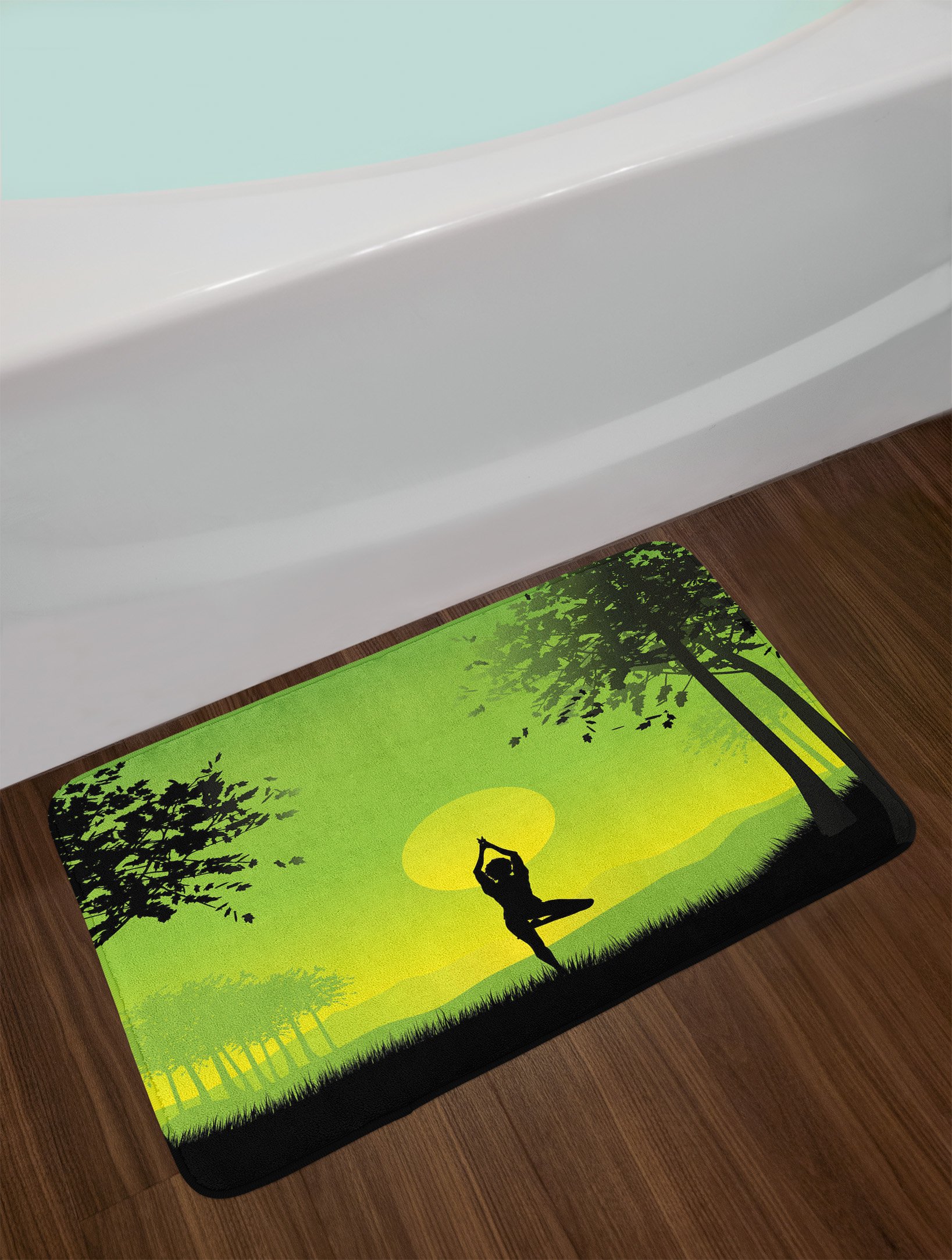 Ambesonne Non-Slip Yoga Bath Mat - Meditating Lady Under Sunset Sky Forest Design, Plush Bathroom Decor Mat 30.2