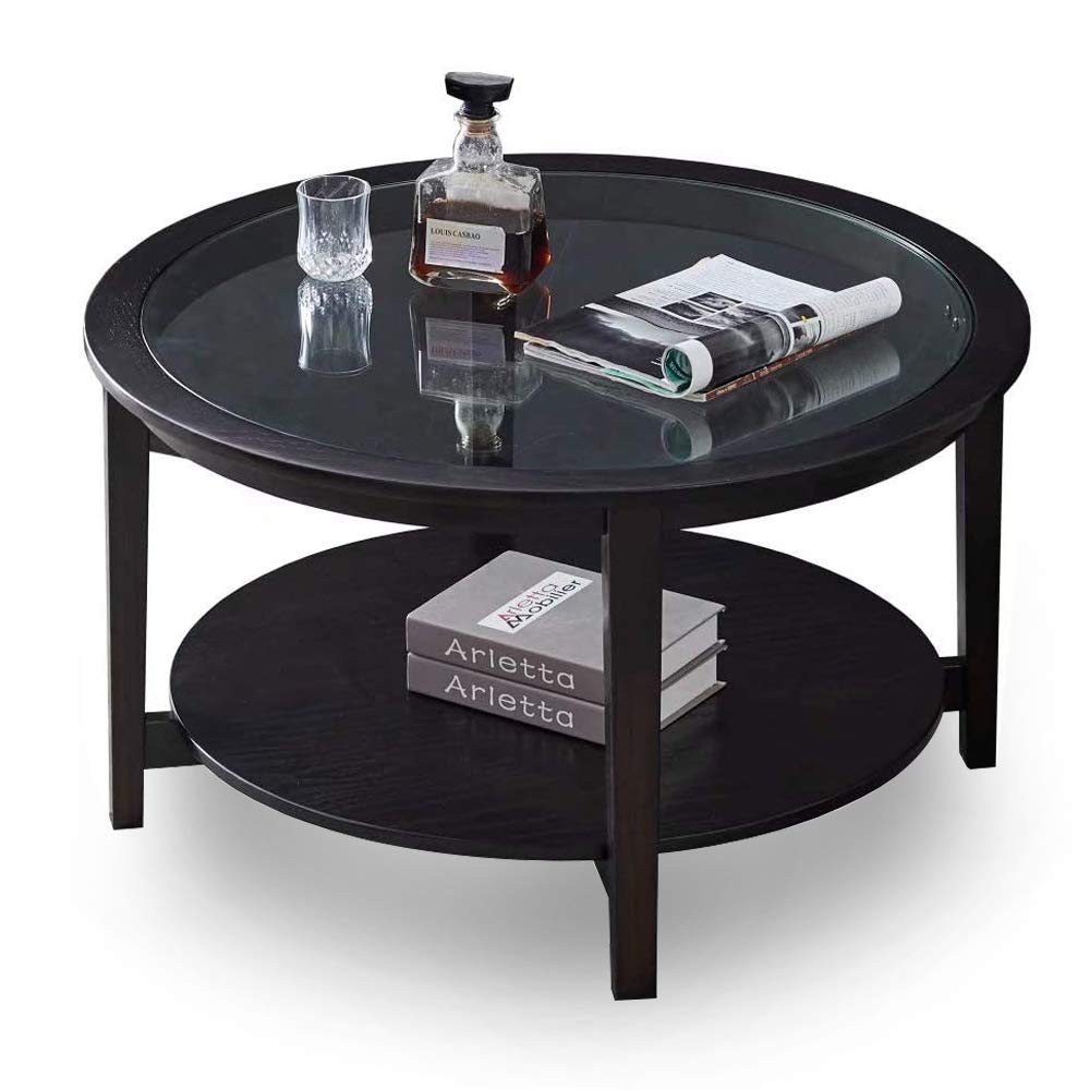 Modern Black Solid Wood Round Coffee Table with Tempered Glass Top for Living Room