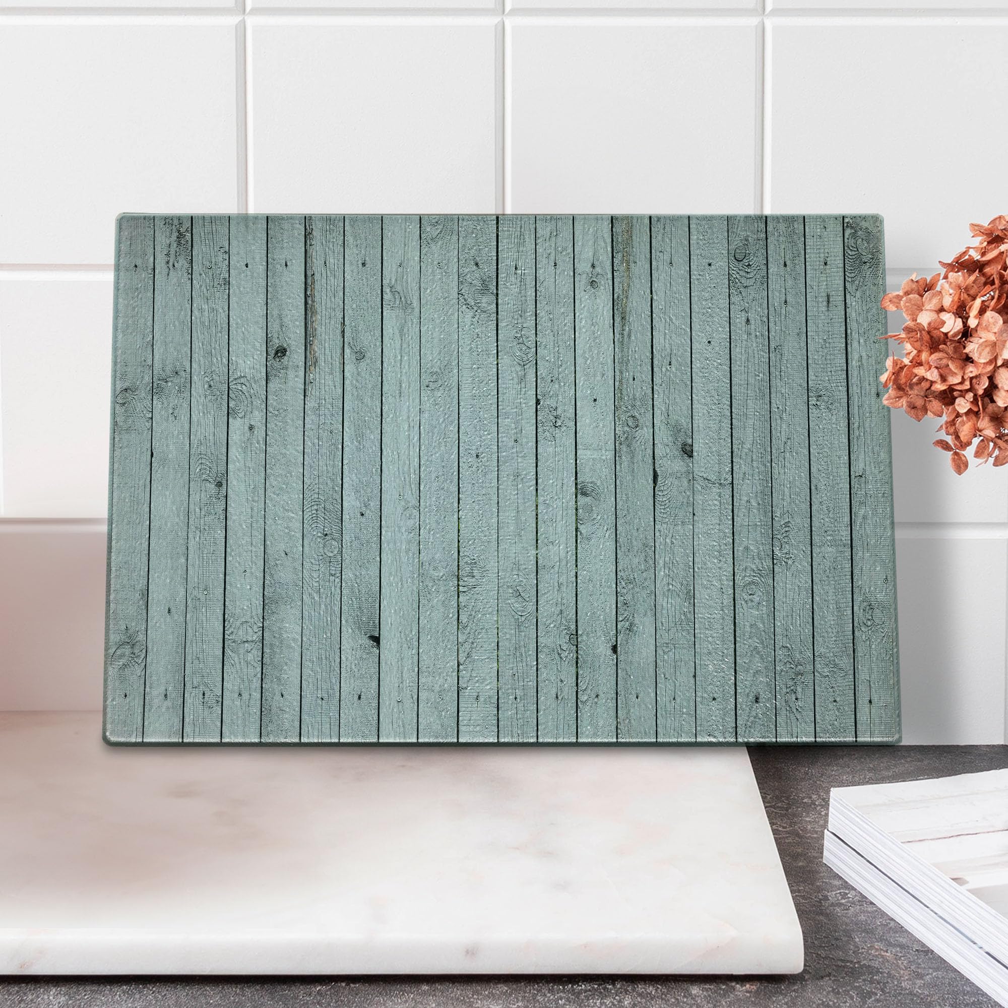 Ambesonne Grey and White Wooden Cutting Board - Vintage Vertical Lines Design, Tempered Glass Serving Board for Kitchen, Small Size - Perfect for Cheese, Charcuterie & Decorative Display