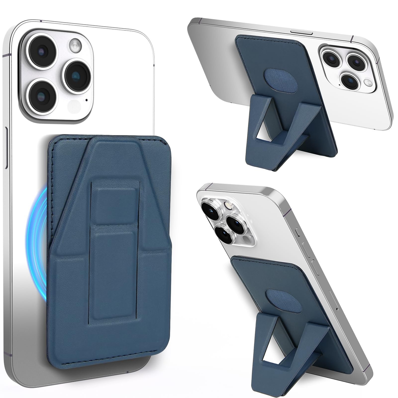 Magnetic Slim PU Leather Wallet with Kickstand - Compatible with MagSafe for iPhone 15 Pro Max/15 Plus/15 Pro/15/14/13/12 Series | Lightweight Card Holder & Phone Stand | Perfect for Daily Use, Travel, and Hands-Free Viewing (Blue)