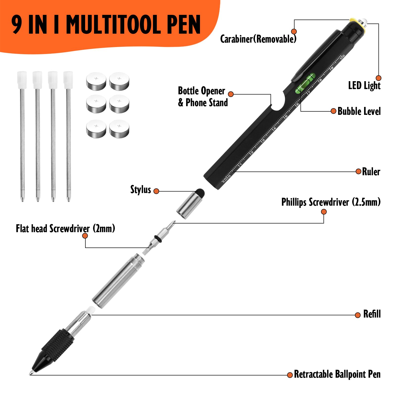 9-in-1 Multi-Tool Tech Pen for Men - Cool Gadget Pen with Stylus, Screwdriver & LED Light - Perfect Father's Day, Birthday or Corporate Gift (Black) - Great for Office, Travel & Everyday Carry