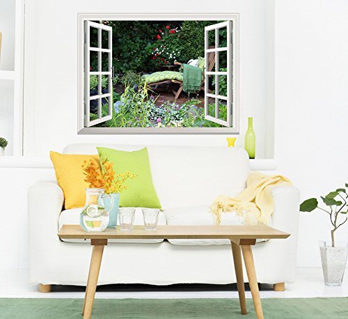 Creative Window View Wall Mural - Deck Chair in a Serene Garden with Vibrant Flowers | Removable Wall Sticker for Living Room, Bedroom, or Office Decor - 24