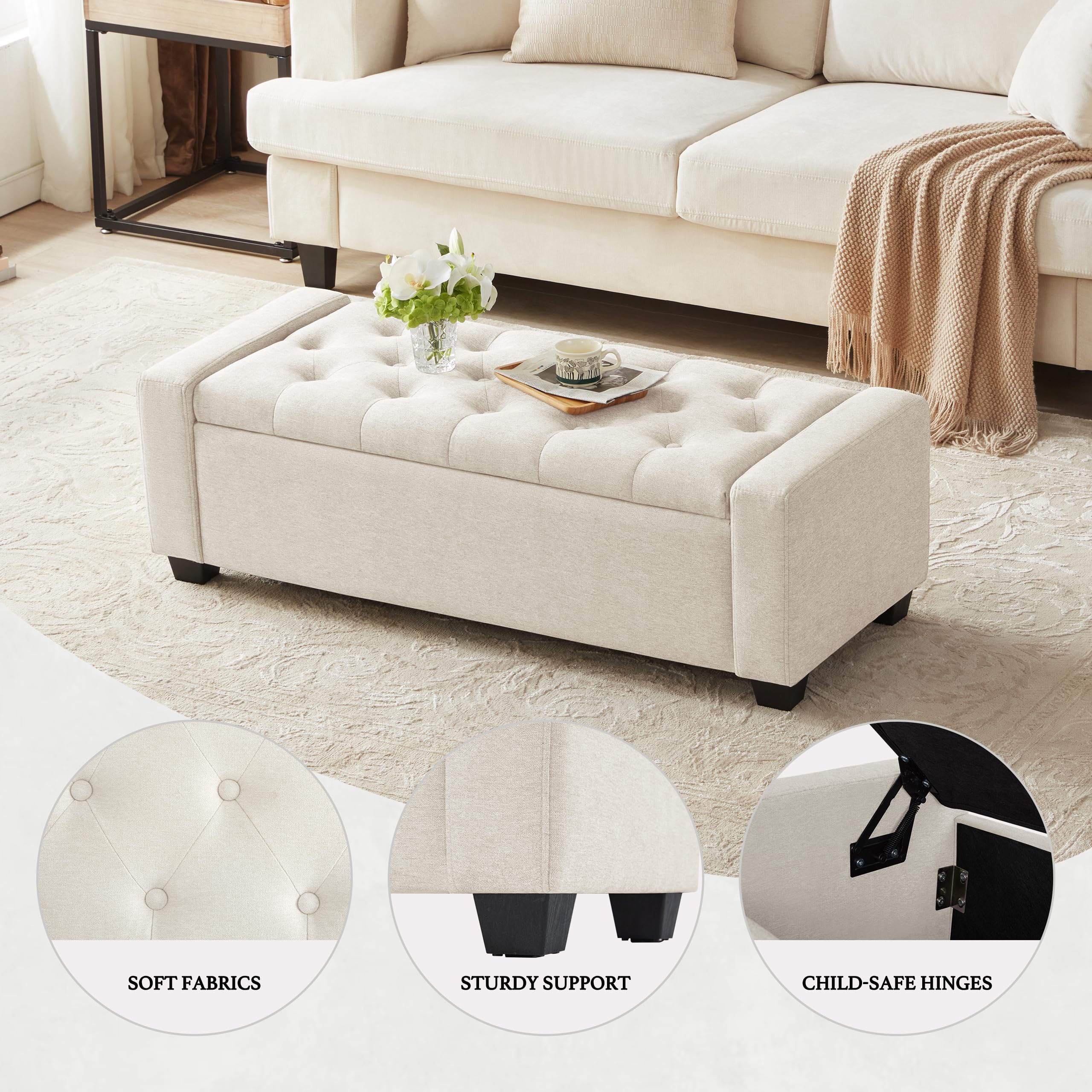 Upholstered Storage Ottoman Bench with Safety Hinge - 330 lb Capacity, Beige - Multi-Functional Seating & Storage Solution for Bedroom, Living Room, Entryway & Dorm