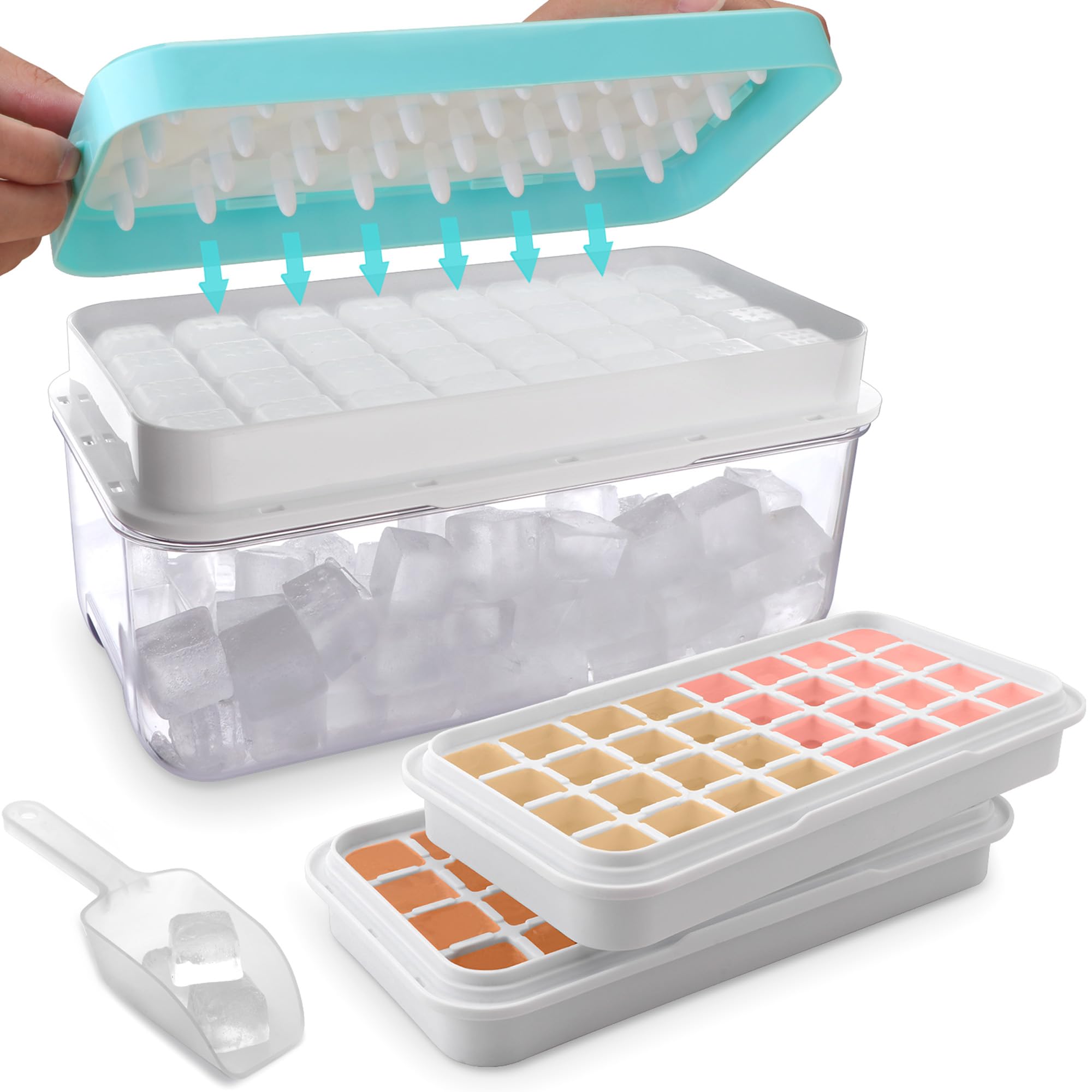 Premium Ice Cube Trays with Lid & Storage Bin - 2 Pack, 64 Easy Release Ice Cubes for Cocktails, Whiskey & Beverages - Perfect for Parties, Home Bars & Entertaining (Blue)