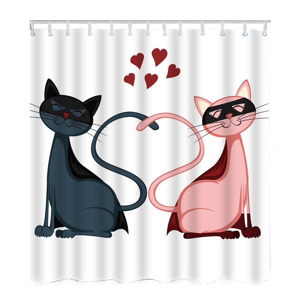 Cartoon Superhero Cats Couple in Love Heart Shower Curtain - 60x72 Inch Waterproof Polyester Bathroom Decor with Hooks - Perfect for Bathroom, Kids Room & Pet Lover Home Decor