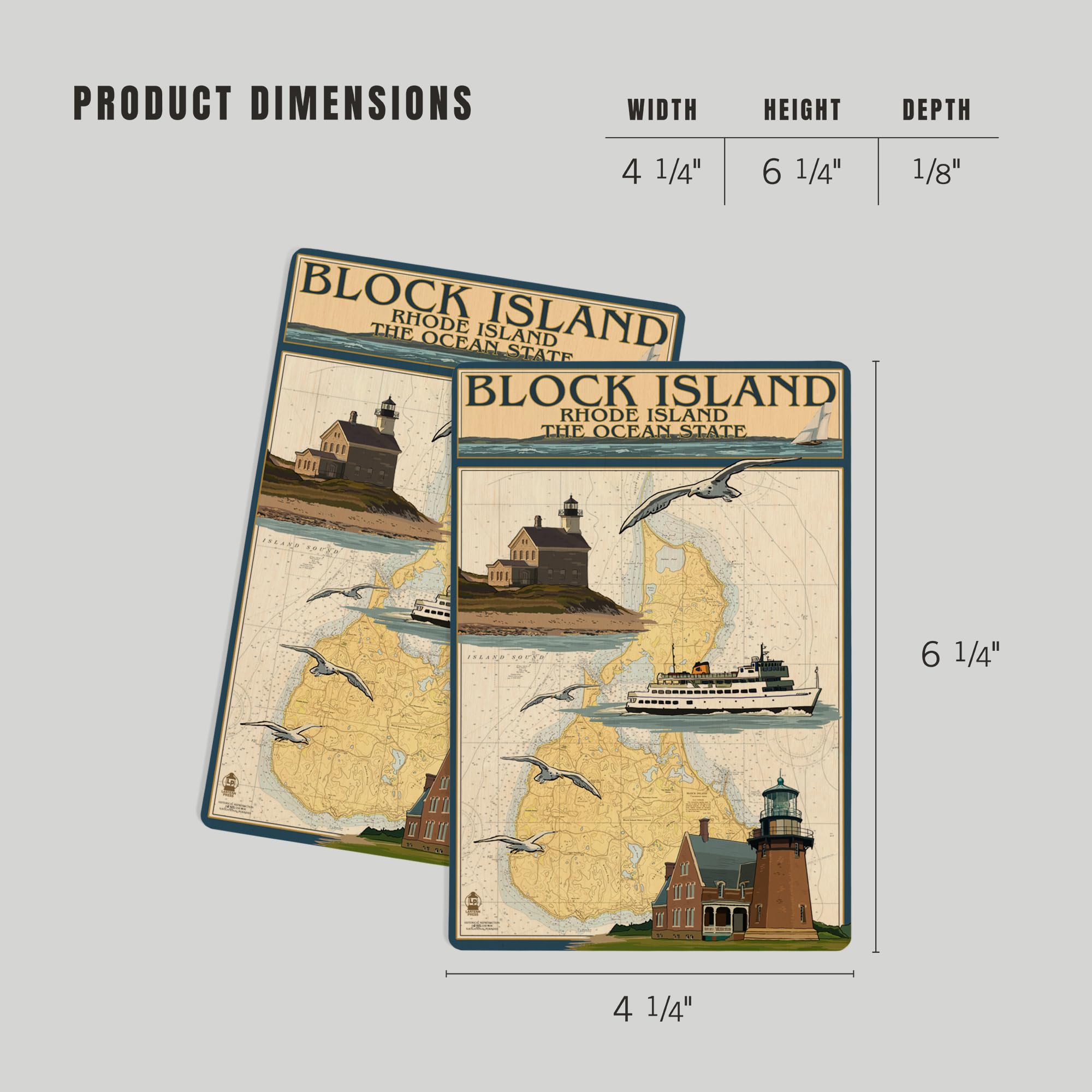Block Island Rhode Island Nautical Chart with Ferry - 4x6 Birch Wood Postcards (2-Pack Stationery Set) - Rustic Coastal Home Wall Decor for Beach House, Office or Nautical Themed Rooms