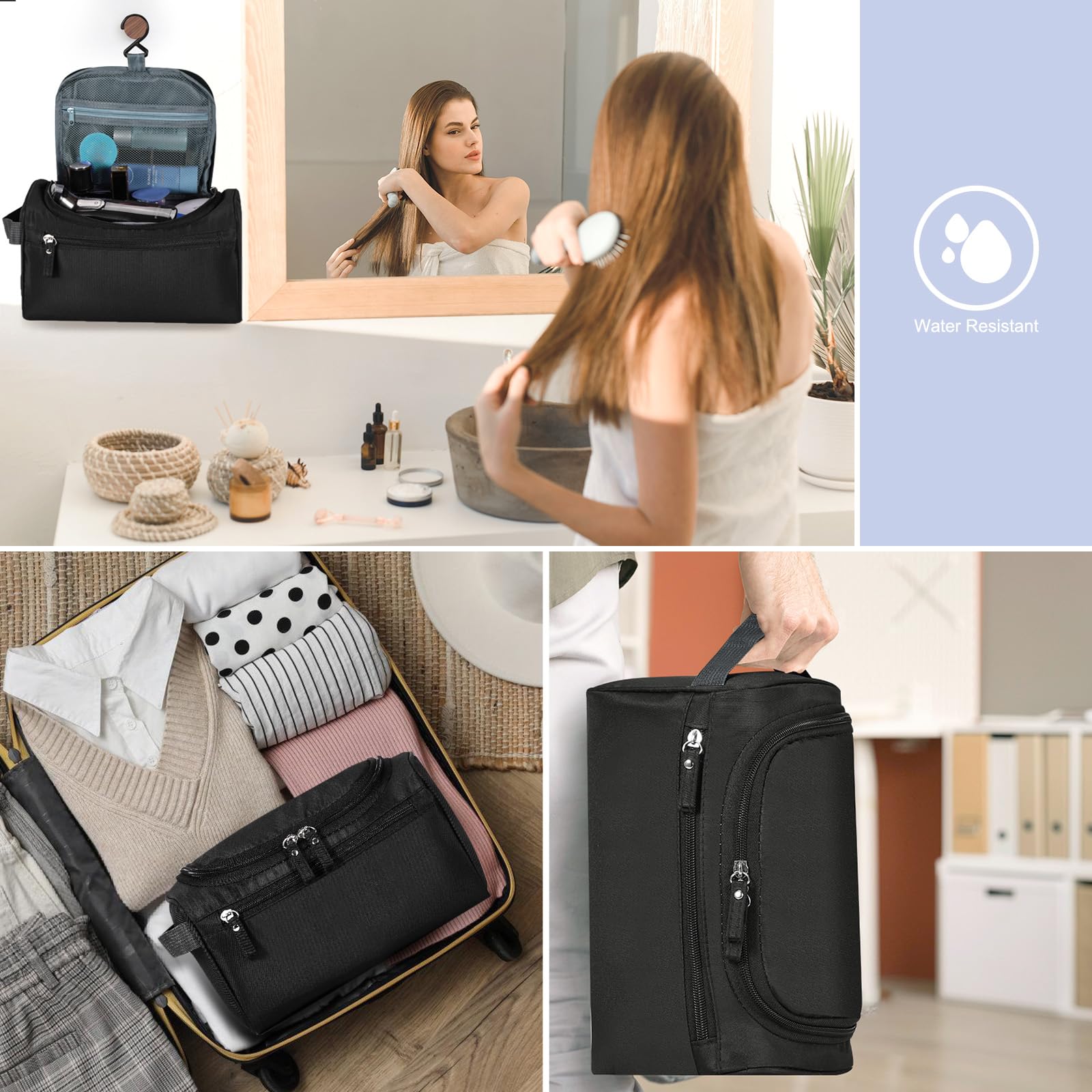 Large Hanging Toiletry Bag for Women & Men - Travel Makeup Organizer with Hook, Waterproof Cosmetic Storage for Brushes, Shaving Kit - Perfect for Camping, Gym, Business Trips & Vacation (Black)