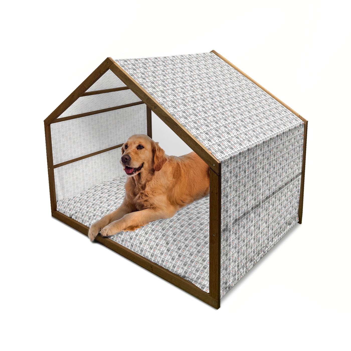 Lunarable Wooden Dog House with Coffee Cup Design - Doodle Stripes & Heart Modern Romance Style, Portable Indoor & Outdoor Dog Kennel with Pillow & Cover (2X-Large, Orange Black White) - Perfect for Home, Garden, and Pet Comfort
