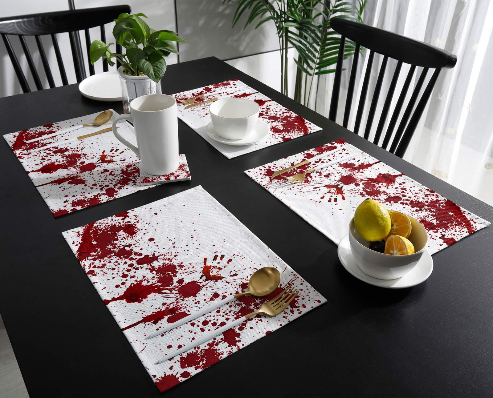 Yun Nist Halloween Blood Handprint Placemats Set of 6 - Waterproof Scary Table Mats with White Spray Blood Design for Dining Tables, Holiday Parties & Kitchen Decor - Perfect for Halloween Dinners, Themed Parties & Spooky Home Decor