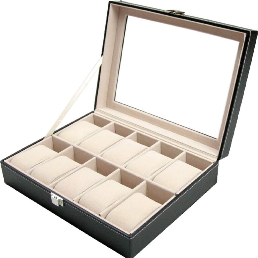 Premium PU Leather Watch Display Case with Glass Top - Holds 10 Watches for Men (Black, 25x20x8cm) - Perfect for Watch Collectors, Gift Storage & Jewelry Organization