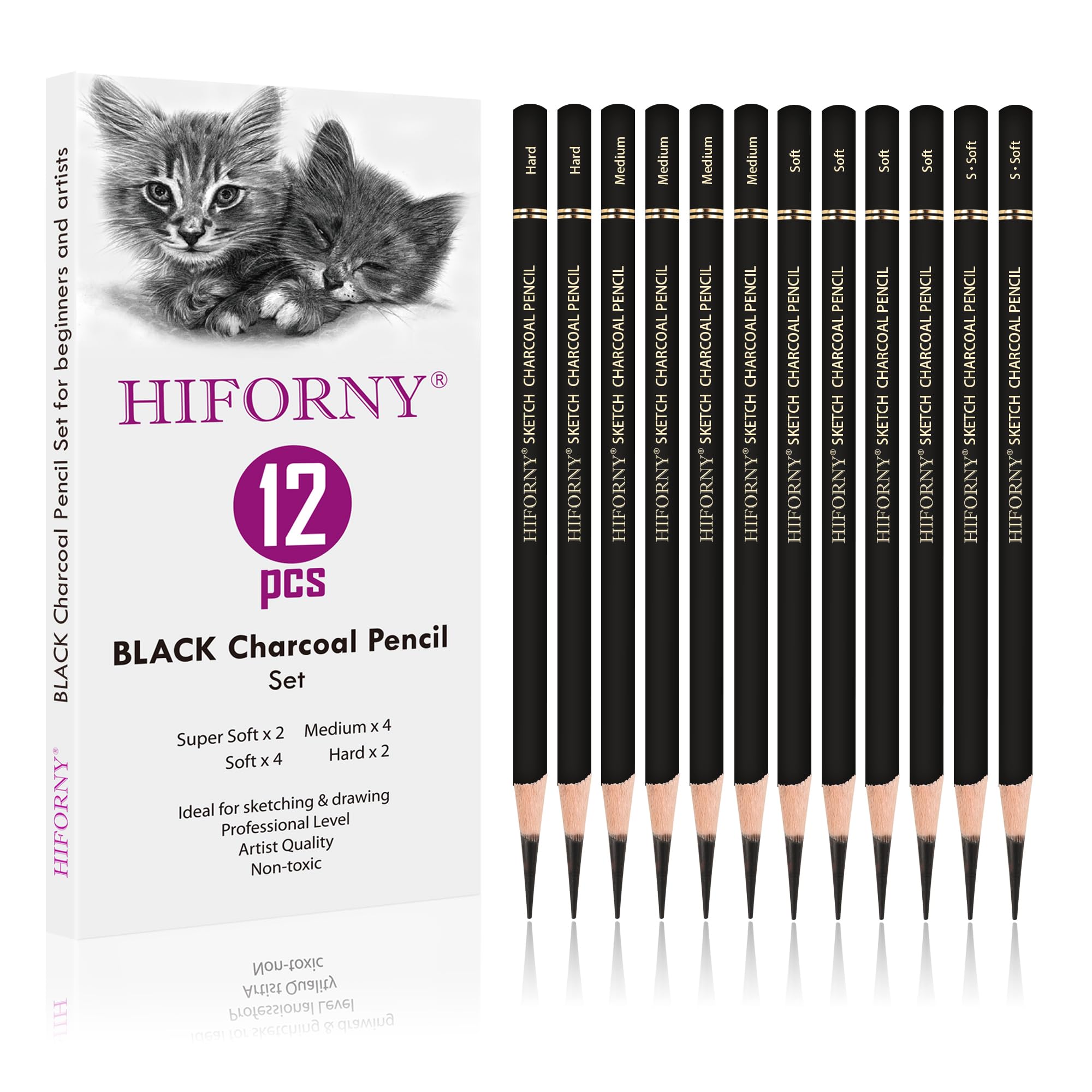 HIFORNY 12-Piece Professional Charcoal Pencils Set - Super Soft, Soft, Medium & Hard Graphite Drawing Pencils for Artists, Sketching, Shading, Blending & Portrait Art | Ideal for Beginners, Students & Professional Artists