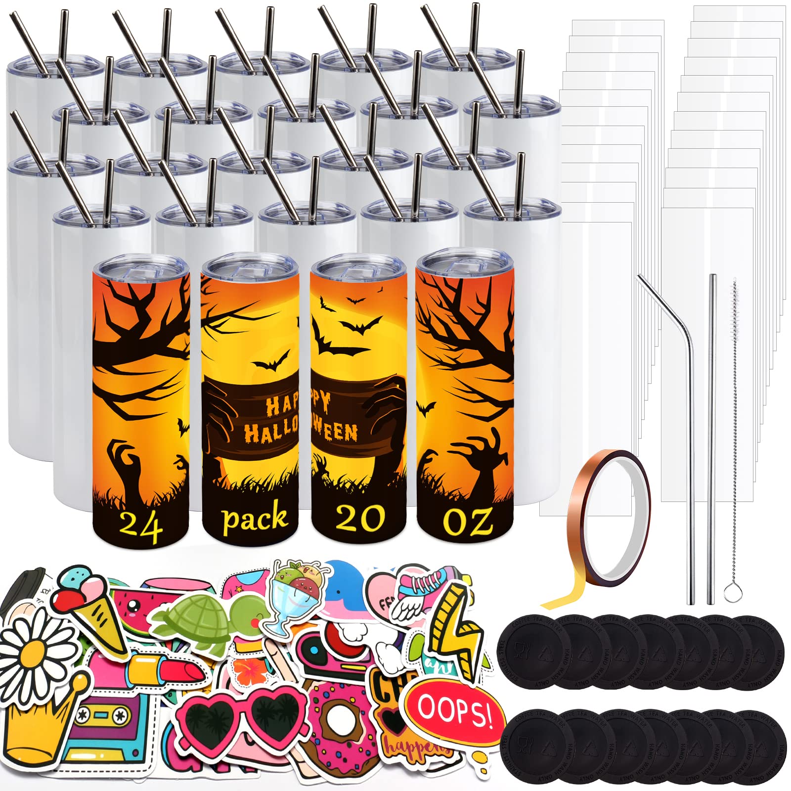 24 Pack Sublimation Tumblers 20 oz Skinny Straight Stainless Steel Blank Cups with Lids & Accessories - Heat Press Ready for Custom Designs - Perfect for DIY Crafts, Personalized Gifts, and Promotional Events