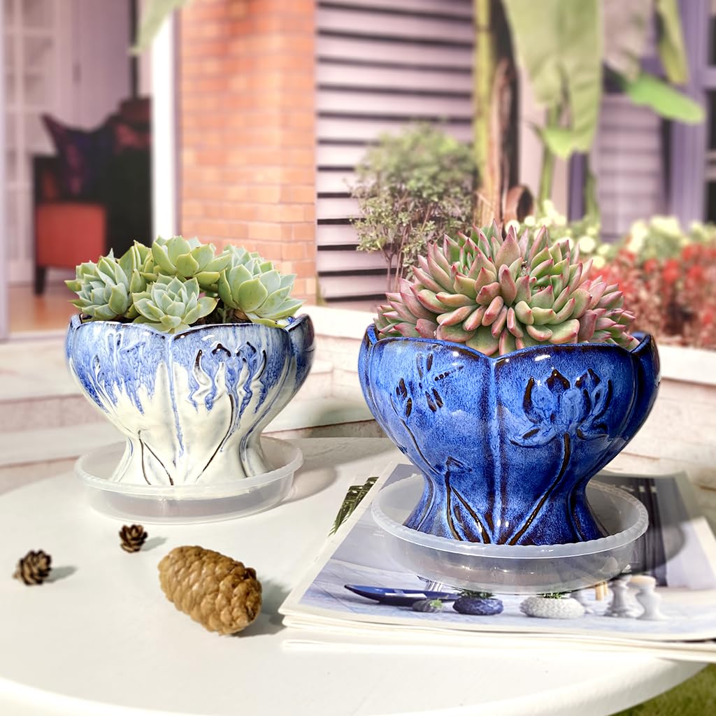 6.2 Inch Purple Glazed Terracotta Planter Pot with Drainage Hole & Saucer - Round Lotus Ceramic Flower Pot for Succulents, Cactus, Indoor Plants - Perfect for Home Decor, Office Desk, Garden & Balcony