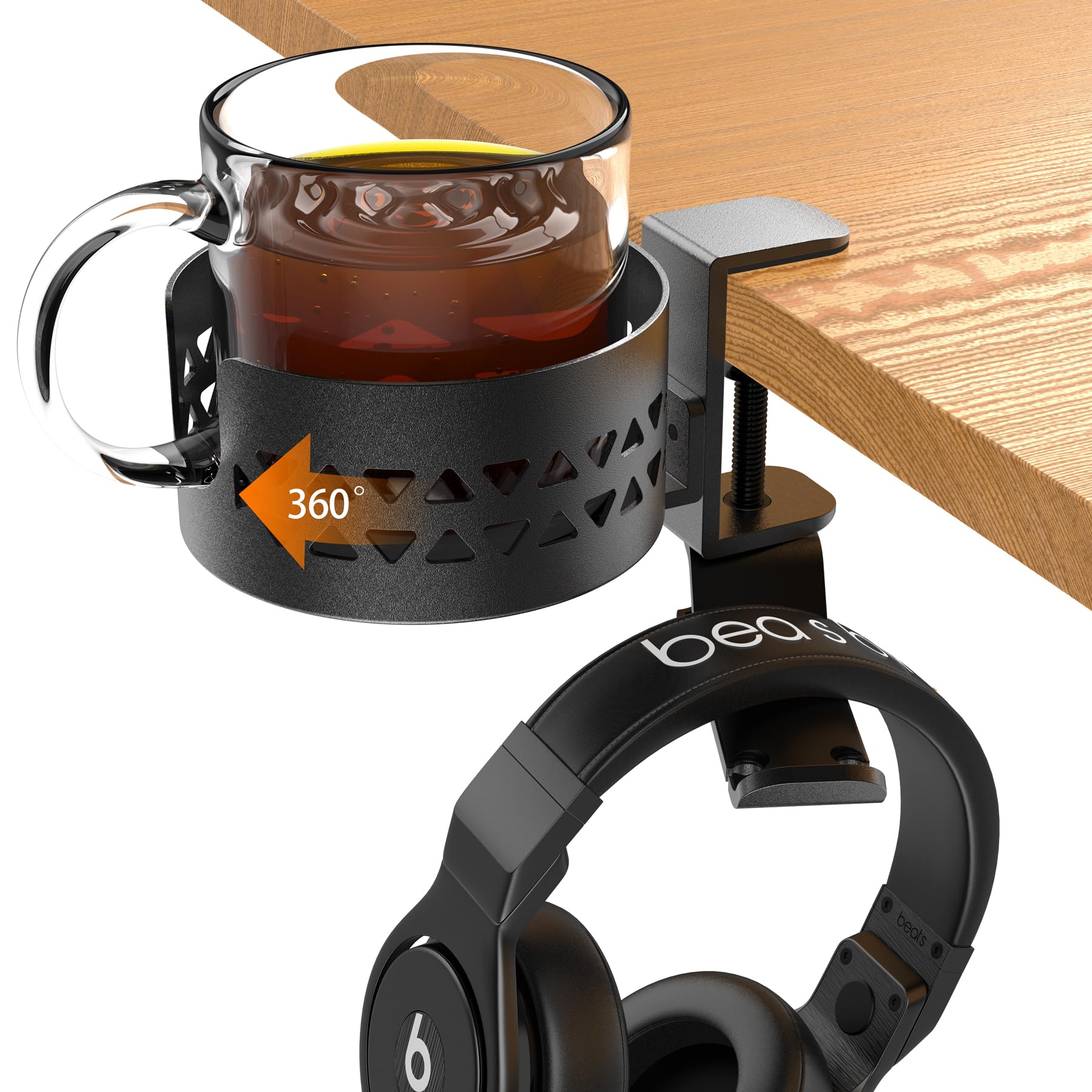 360° Rotating Under Desk Cup Holder & Headphone Hanger - Metal Clamp-on PC Gaming Desk Accessory for Coffee Mugs, Water Bottles & Headsets - Anti-Spill Design for Office, Home & Gaming Setup