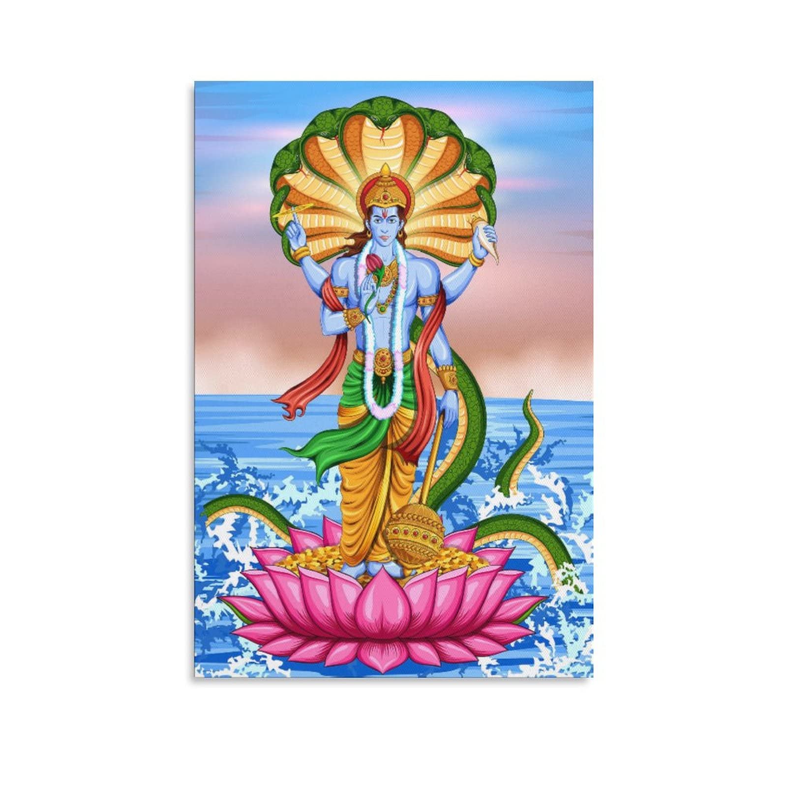 Lord Vishnu Canvas Wall Art Print - Indian God Hindu Religious Decor for Living Room, Bedroom & Office - 12x18 Inches (30x45cm) - Perfect Gift for Yoga Studios, Meditation Spaces & Spiritual Home Decor