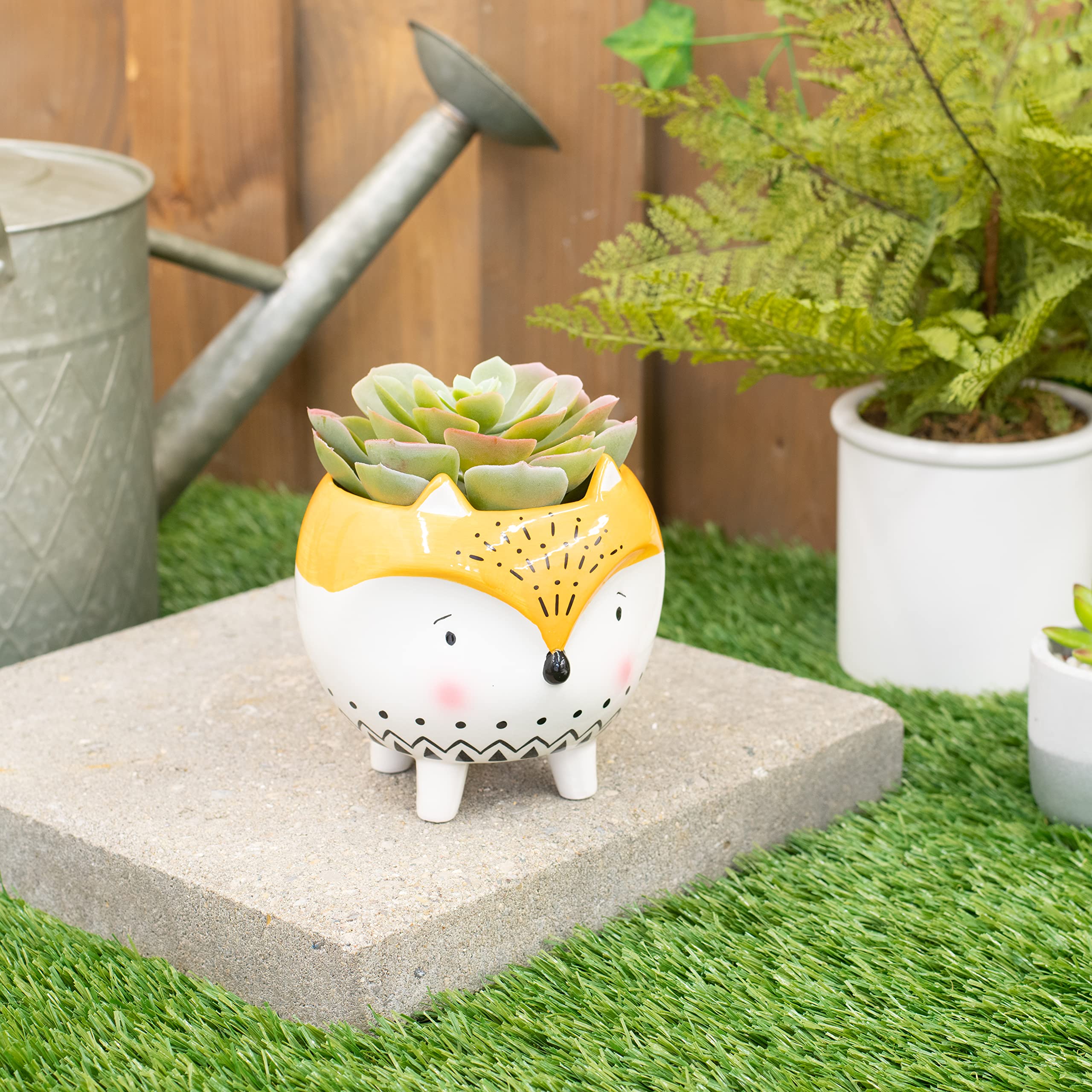 5.25 Inch Yellow White Ceramic Hedgehog Flower Pot Planter with Feet - Cute Animal Planter for Succulents, Herbs & Small Plants - Perfect for Home, Office & Garden Decor