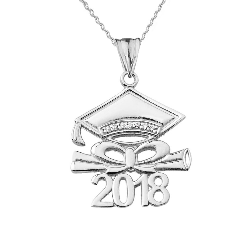 2018 Graduation Diamond Cap & Diploma Pendant Necklace - 10k White Gold Jewelry for Graduates - Perfect Graduation Gift for Her, Commencement Ceremony & College Celebration