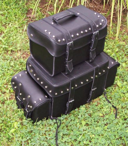 Motorcycle Sissy Bar Bags & T-Bags Set - 4 Piece Leather Luggage with Padded Backrest & Studded Design for Harley, Cruiser Bikes | Long Distance Riding & Road Trips