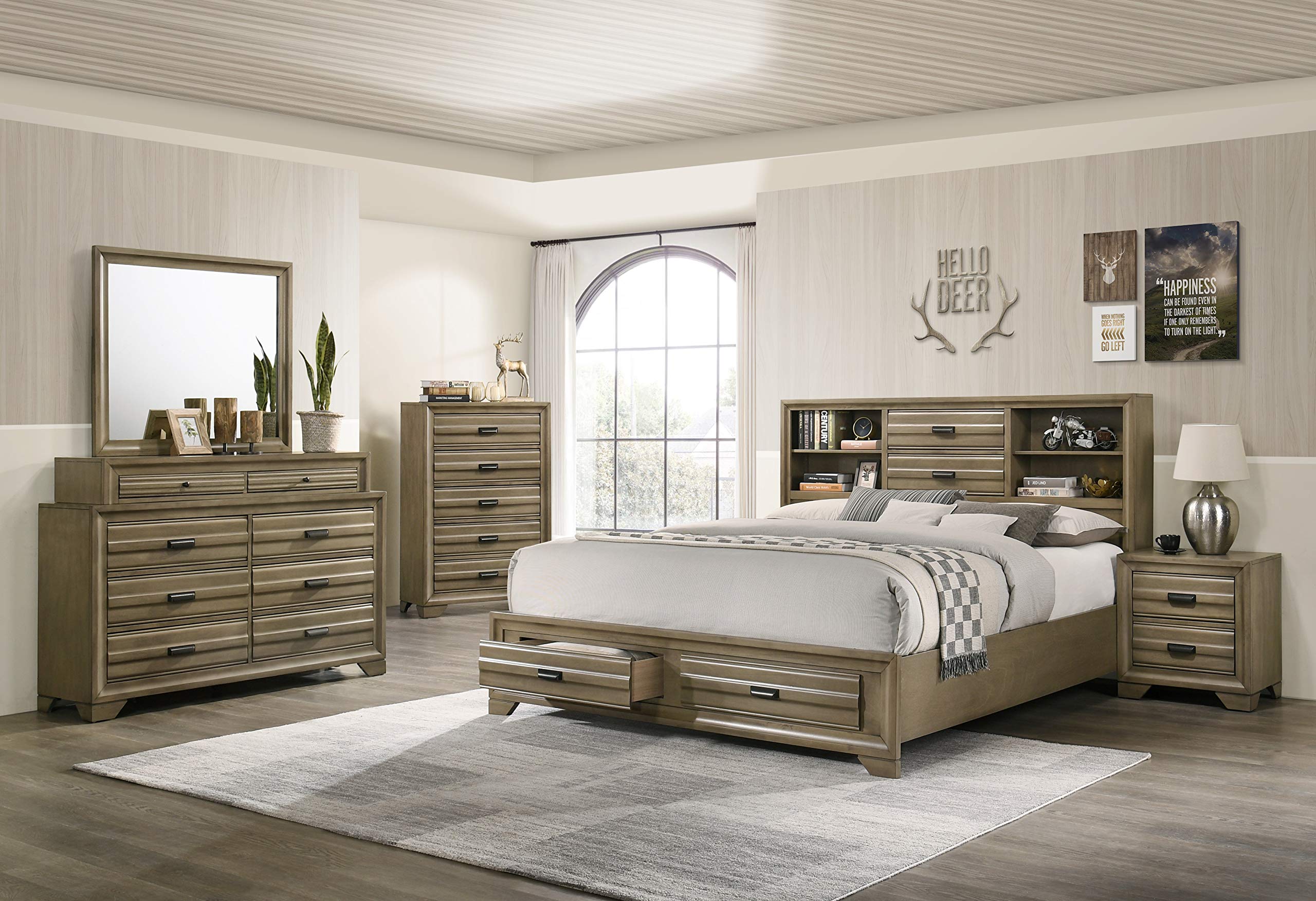 Roundhill Furniture Loiret Wood Storage Platform Queen Bedroom Set with Dresser, Mirror, 2 Nightstands & Chest - Light Gray Finish - Modern Bedroom Furniture for Small Spaces & Guest Rooms