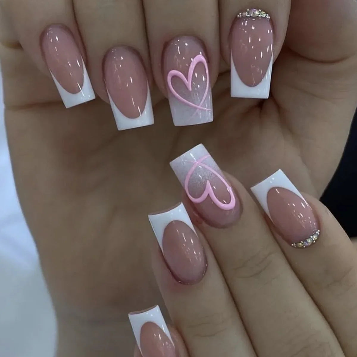 24Pc Square French Fake Nails with Heart Love Designs - Glossy White & Pink Press on Nails | Full Cover False Nails for Valentine's Day | Perfect for Parties, Weddings & Special Occasions