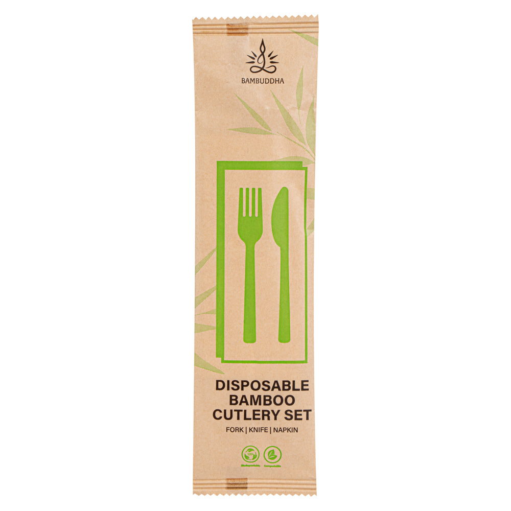 Eco-Friendly Bamboo Disposable Cutlery Set - 100-Piece Knives & Forks with White Napkins & Kraft Paper Pouch | Biodegradable Utensils for Parties, Picnics, Camping & Sustainable Dining