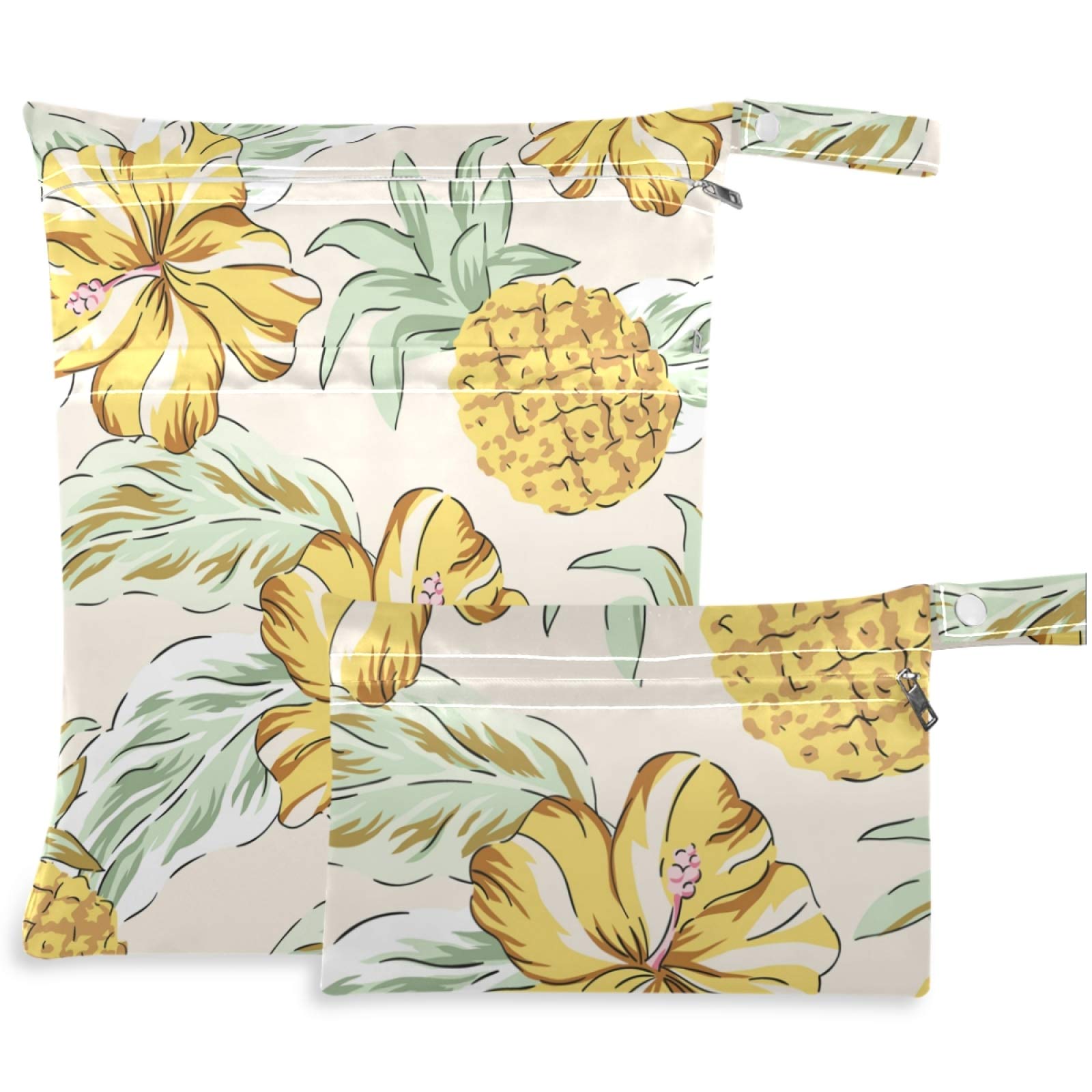 Visesunny Tropical Yellow Pineapple & Flower 2-Piece Wet Bags Set - Waterproof Reusable Zippered Pouch for Travel, Beach, Pool, Gym, Daycare | Perfect for Swimsuits, Diapers, Toiletries & Wet Clothes Organization