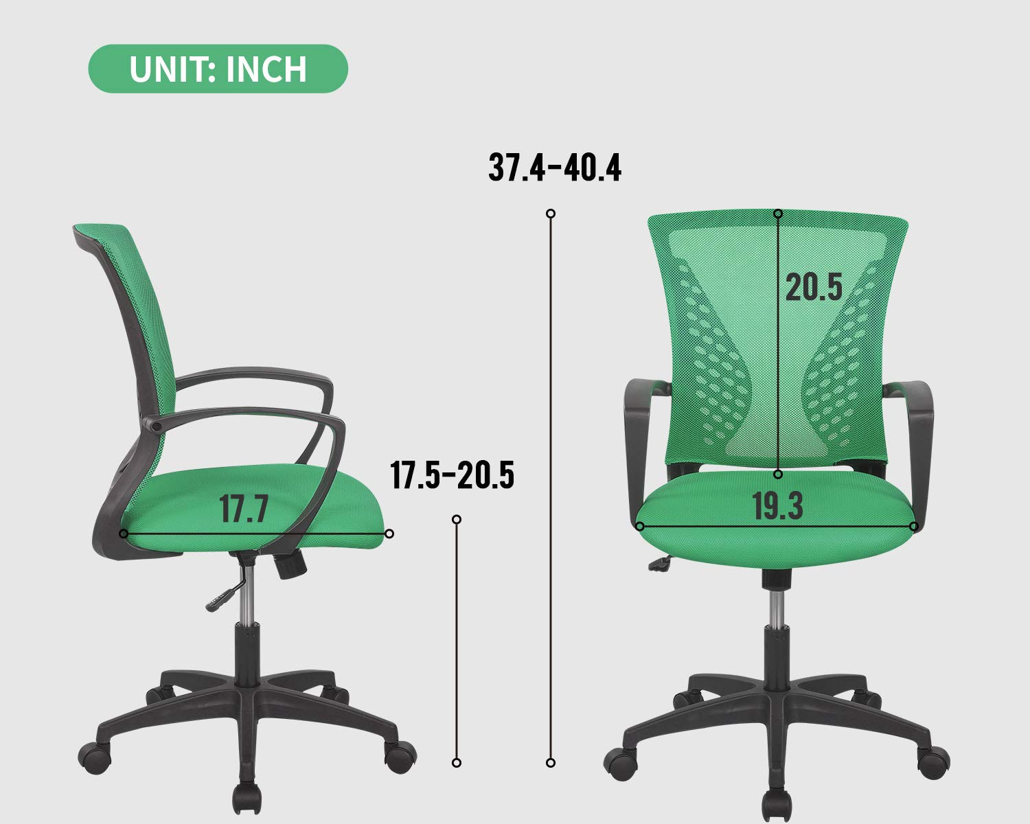 Ergonomic Mesh Office Chair with Adjustable Height & Armrests - Breathable Computer Desk Chair for Home & Work, 360° Swivel & Quiet Rolling Wheels, Comfortable Seat & Back Support - Perfect for Long Hours Sitting in Office, Study or Gaming (Green)