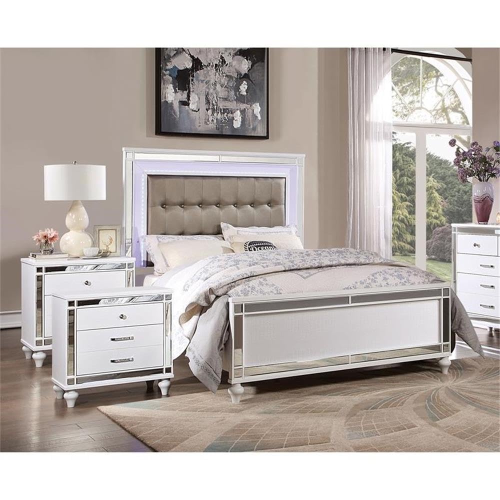 FOA Xulu 3-Piece White Solid Wood LED Bedroom Set with King Bed & 2 Nightstands - Modern Bedroom Furniture for Master Suite, Guest Room & Home Decor