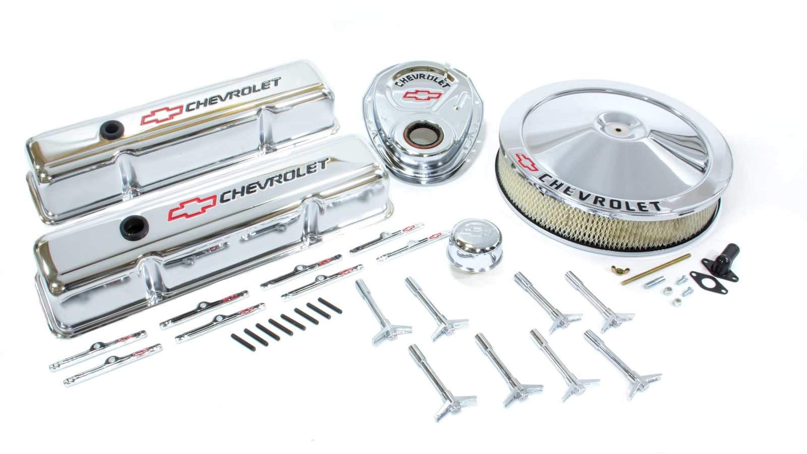 Proform 141-900 Chrome Engine Dress-Up Kit with Black Chevrolet/Red Bowtie Logo for Small Block Chevy - Performance Upgrade for Classic Cars & Hot Rods