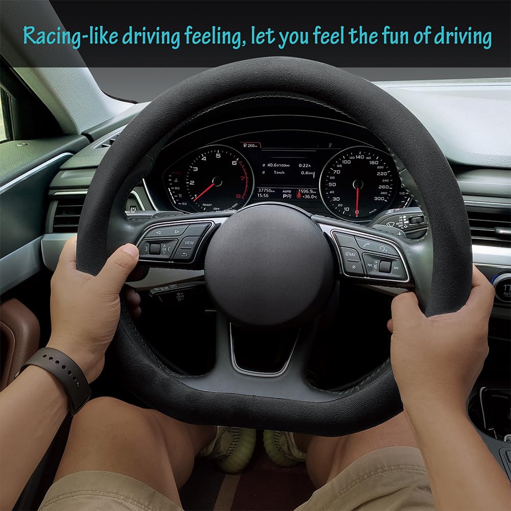 Premium Carodi Suede Steering Wheel Cover - Non-Slip Leather Grip, Universal 15-inch Fit (D-Shape, Black) for Enhanced Driving Comfort & Style | Perfect for Daily Commutes, Road Trips & Luxury Car Interiors