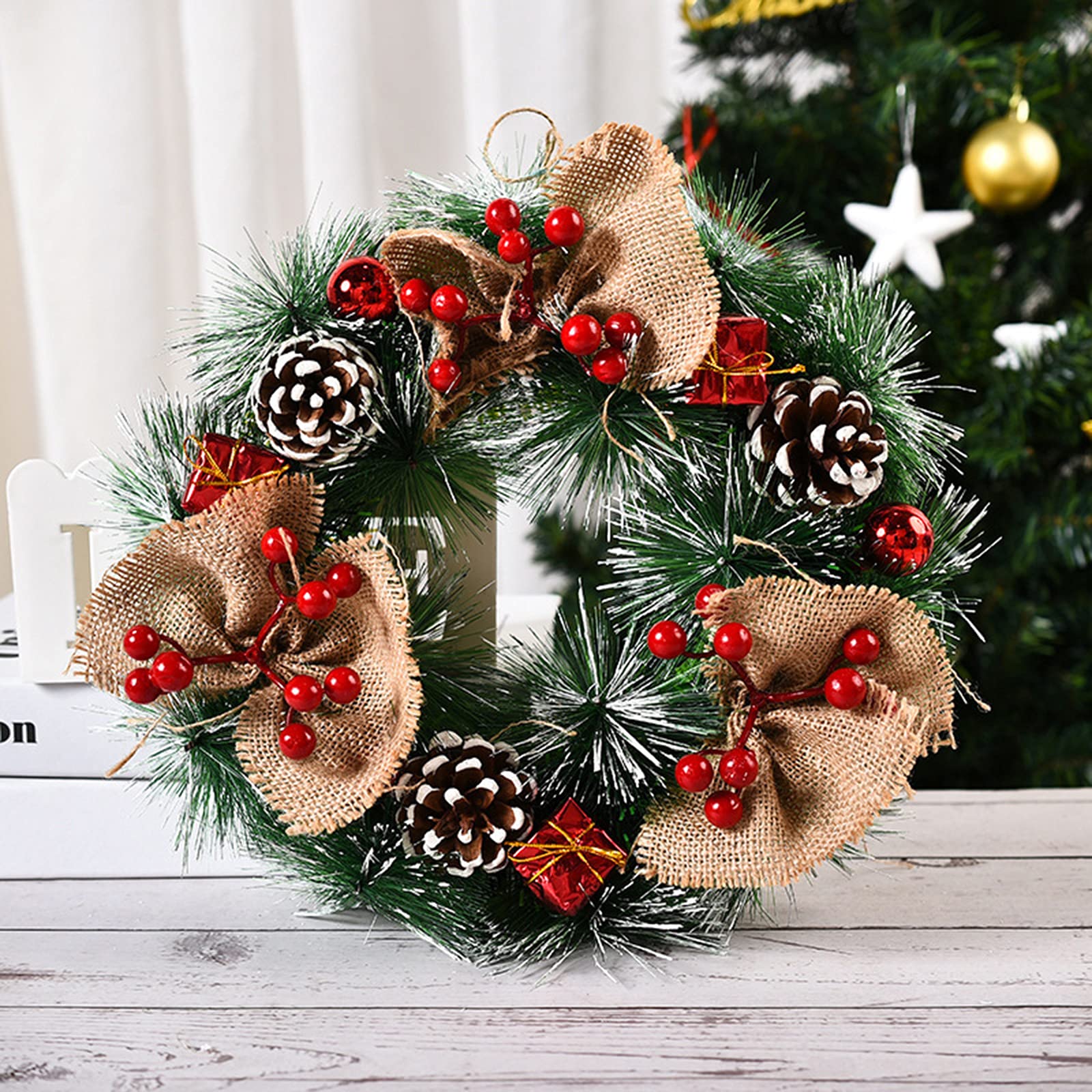 Ochine 12'' Snow Flocked Christmas Wreath with Pinecones - Artificial Winter Front Door Decor for Holiday, New Year, Xmas Tree & Fireplace - Indoor/Outdoor Use for Wall, Window & Door Decorations