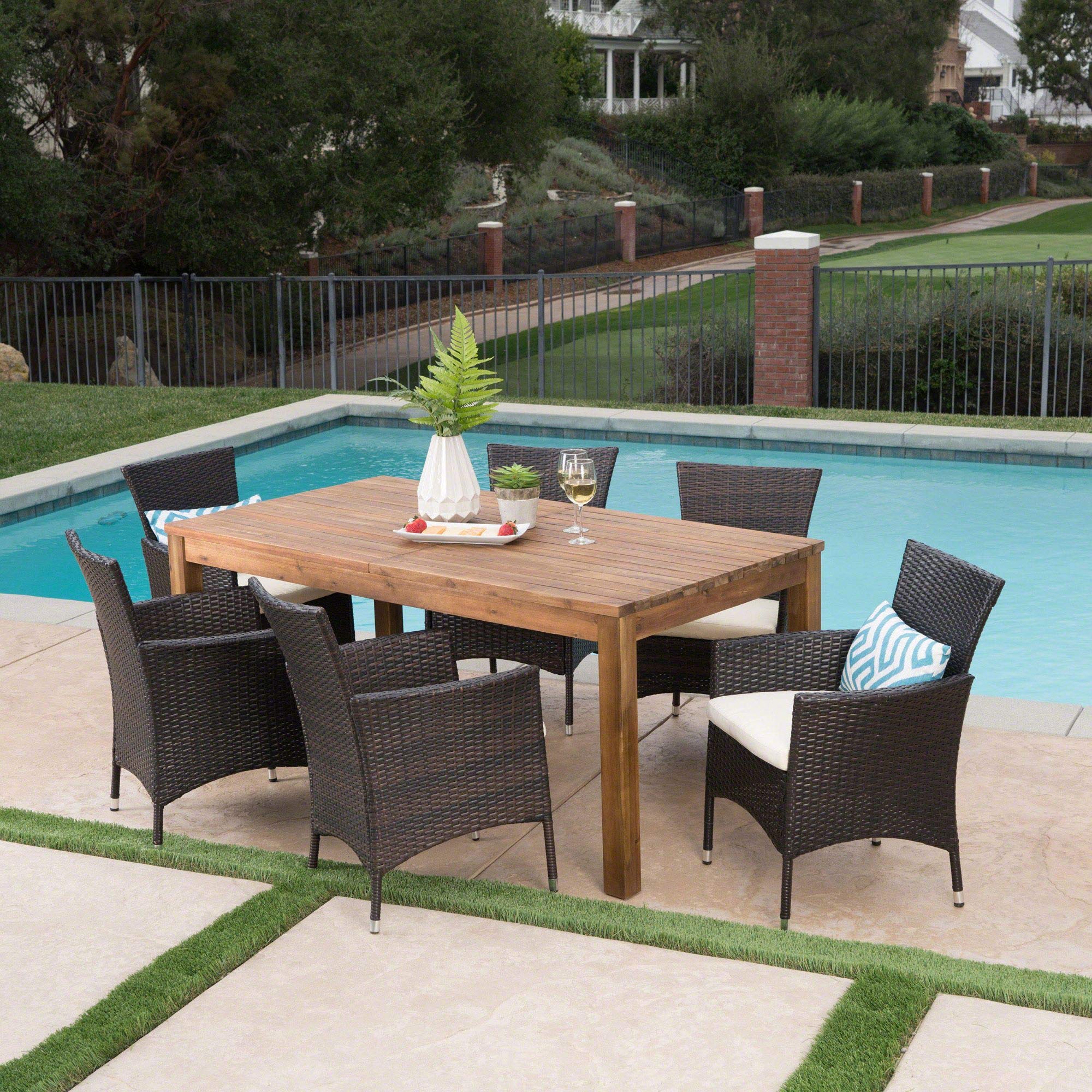 7-Piece Teak Brown Outdoor Patio Dining Set with Beige Cushions - Expandable Contemporary Furniture for Garden, Backyard & Poolside Entertaining