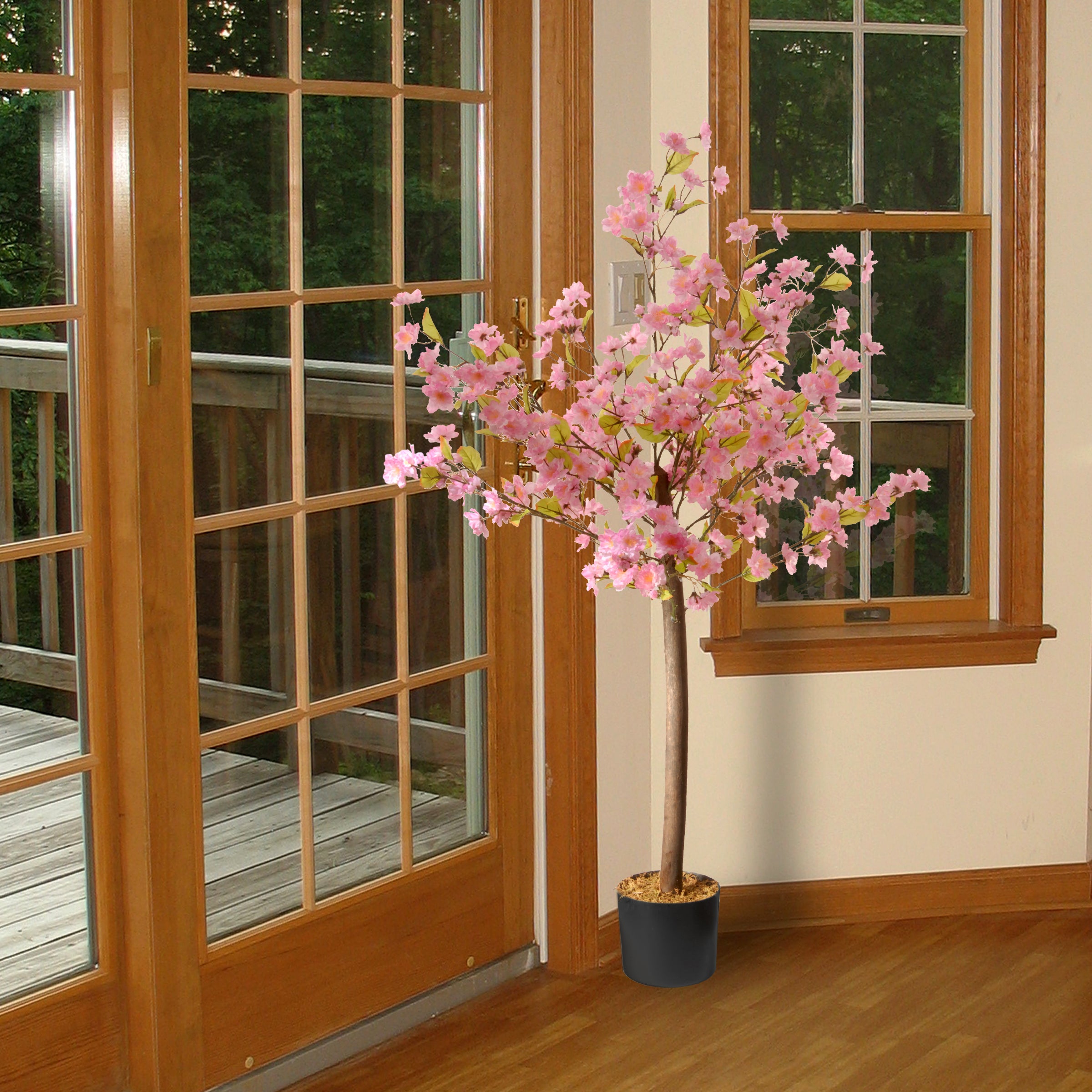 4 ft. Artificial Spring Cherry Blossom Pink Flower Tree in Black Pot - Home Decor, Office & Wedding Centerpiece, Indoor/Outdoor Fake Plant for Living Room, Garden, Party
