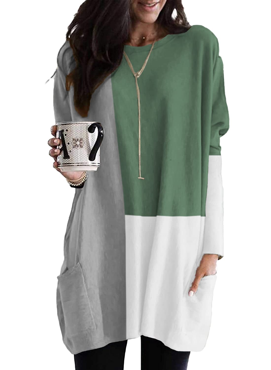 Nirovien Women's Casual Color Block Tunic Tops - Round Neck Long Sleeve Sweatshirt with Pockets | Fall Fashion Loose Fit Blouse for Leggings | Perfect for Work, Travel & Everyday Wear