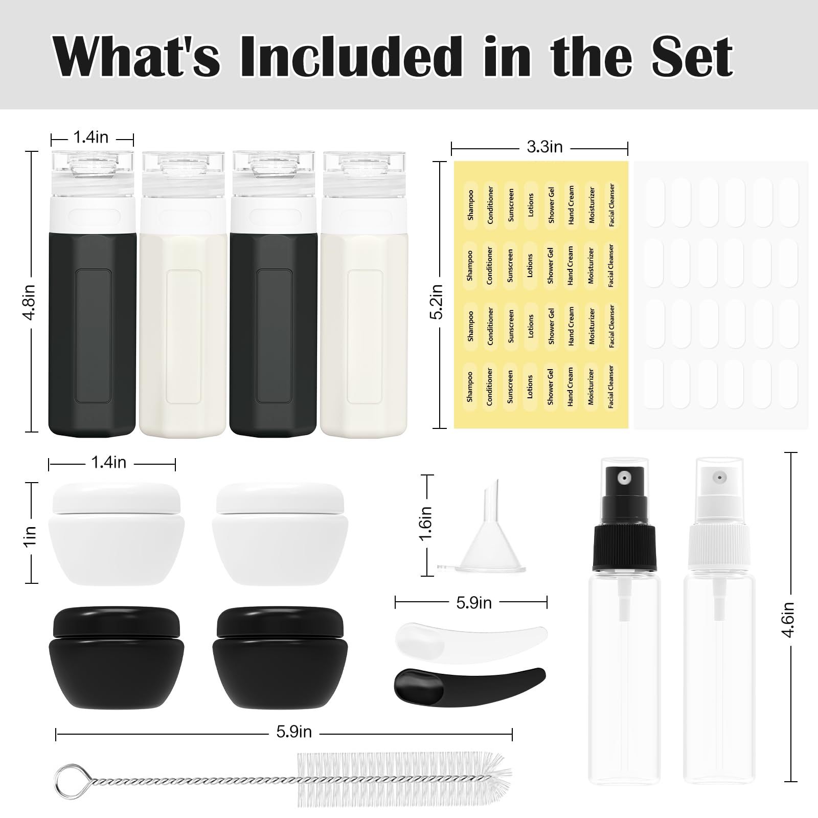 17PCS Travel Bottles for Toiletries - TSA Approved Leak Proof Silicone Containers for Shampoo, Conditioner & Lotion | Black & White Travel Kit for Vacation, Gym & Business Trips