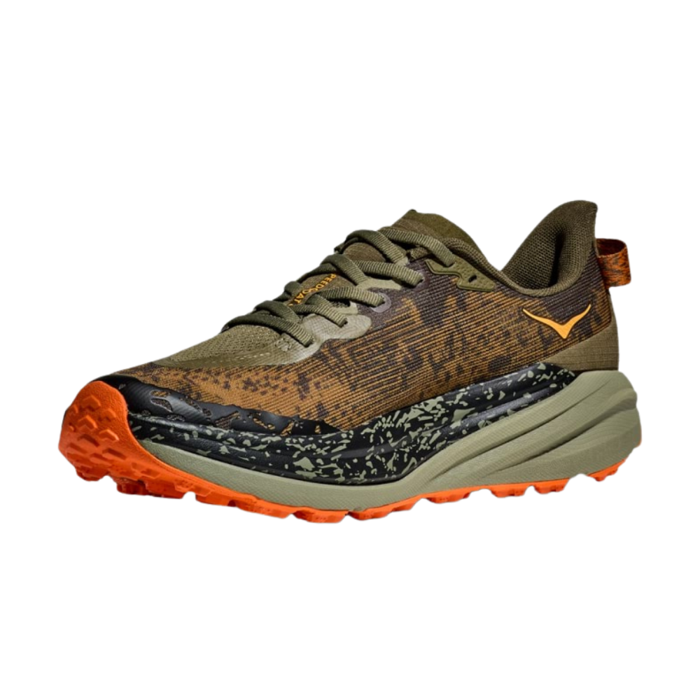 Hoka Speedgoat 6 Trail Running Shoes for Men - Wide 2E Width in Antique Olive/Squash | Durable Grip for Hiking & Outdoor Adventures
