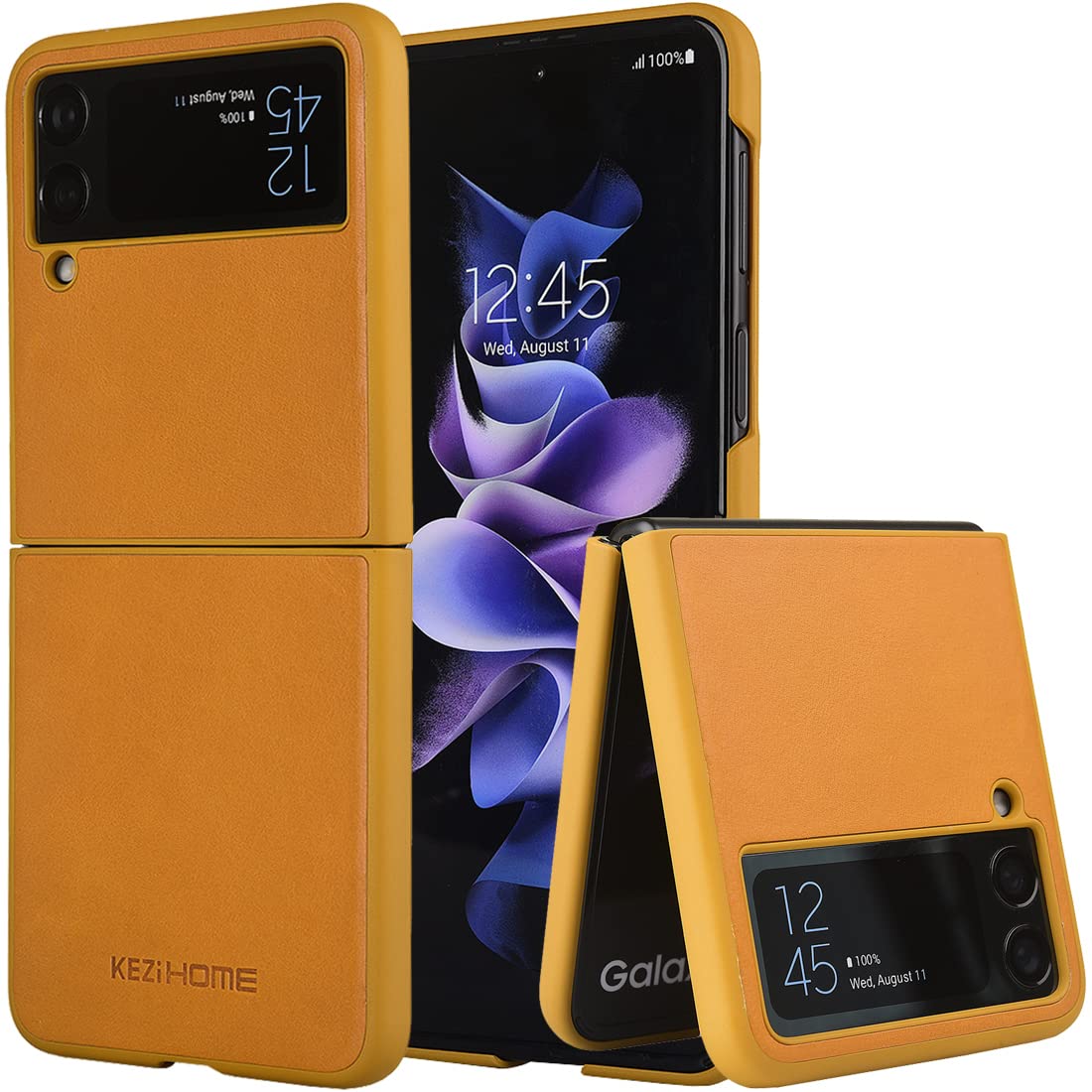 KEZiHOME Genuine Leather Samsung Galaxy Z Flip 3 Case - Ultra Thin Slim Protective Cover for Samsung Z Flip 3 5G (2021) | Durable Minimalist Design | Perfect for Work, Travel & Everyday Use (Yellow)