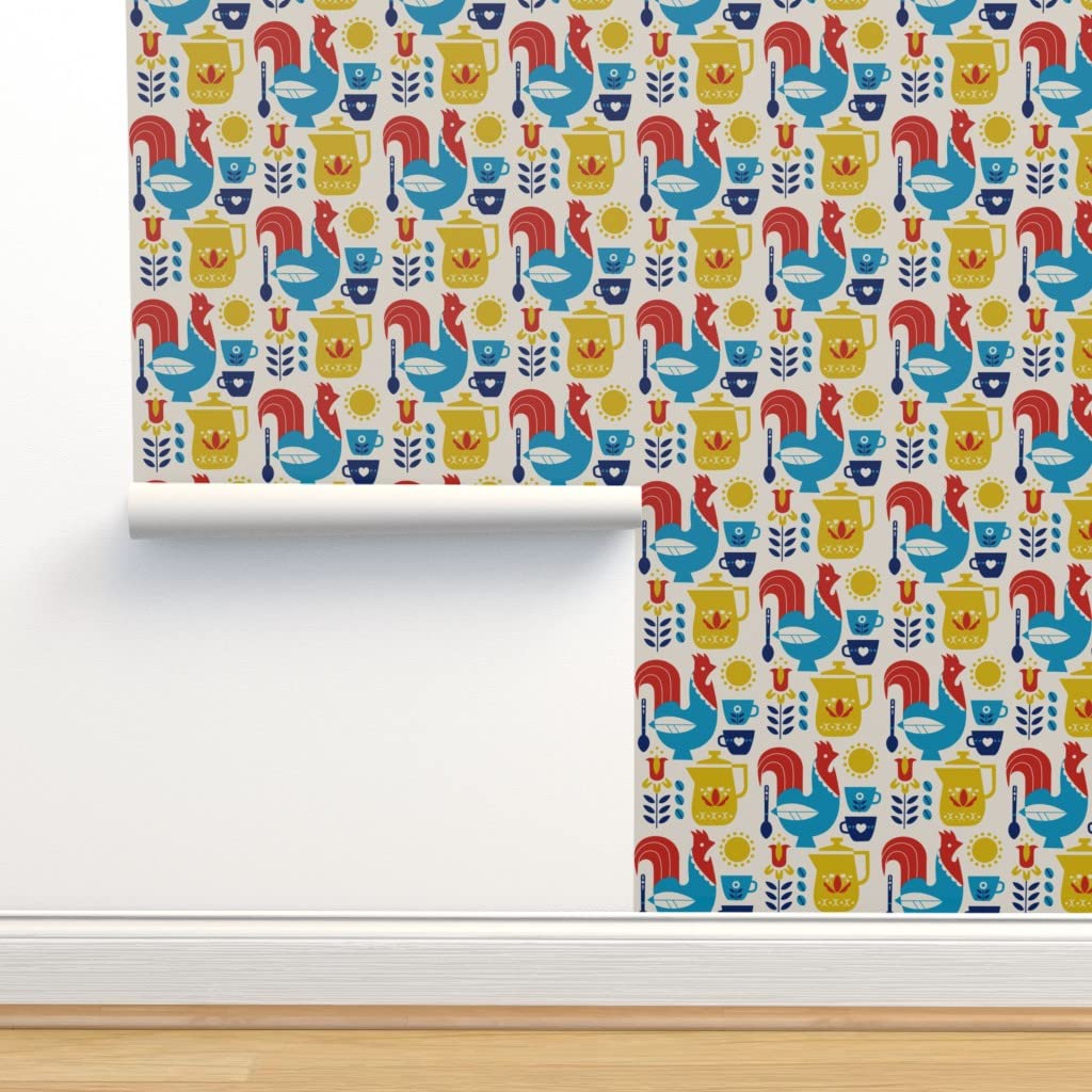 Premium Commercial Grade Wallpaper Roll 27ft x 2ft - Scandinavian Folk Art Rooster Chicken Floral Farmhouse Design for Kitchen, Dining Room & Coffee Shop Decor | Waterproof & Peel-and-Stick | Easy DIY Installation