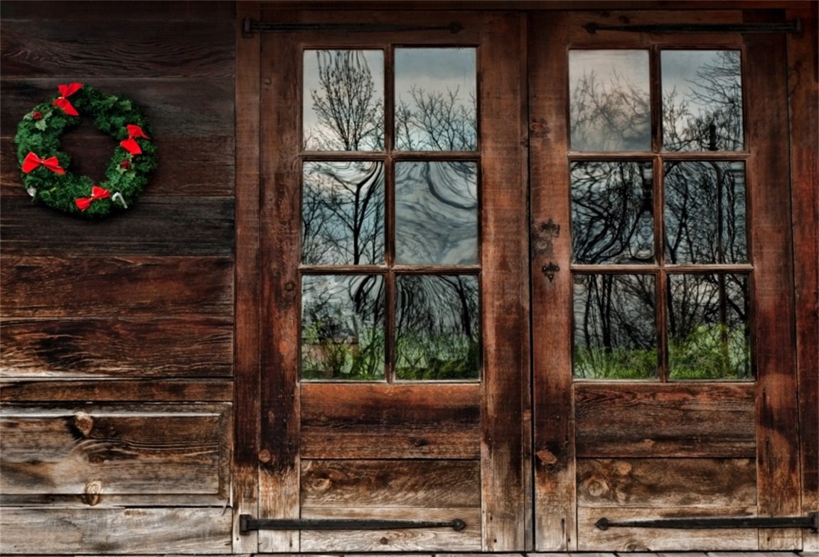 CSFOTO 5x3ft Rustic Wood Door with Glass Christmas Photography Backdrop - Vintage Holiday Wreath Decor for Festive Photo Shoots, Studio Props & Home Wall Decoration | Perfect for Christmas Cards, Social Media Posts & Seasonal Celebrations