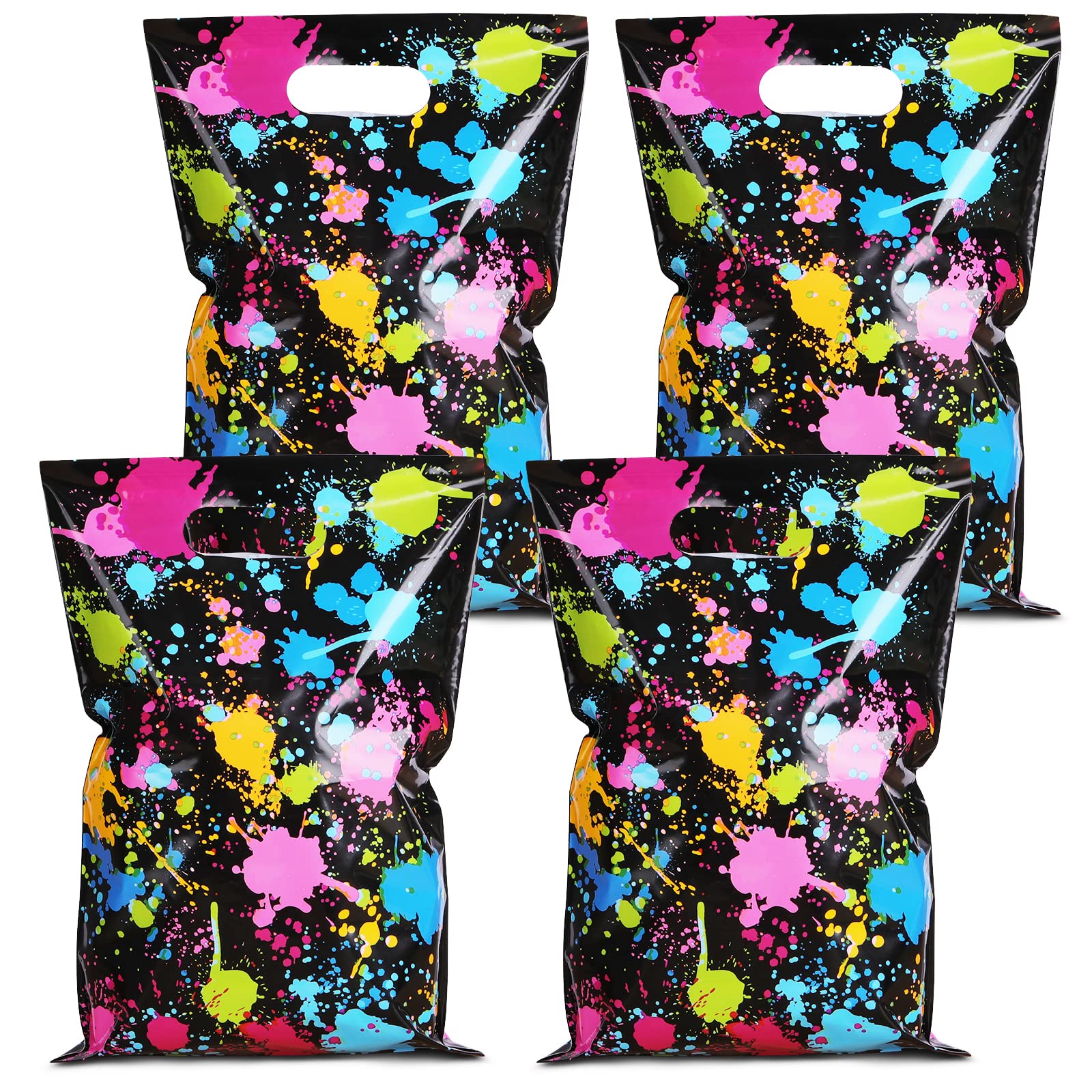 50 Pcs Neon Glow Party Plastic Goodie Bags with Handles - Colorful Glow in The Dark Treat Favor Bags for Birthday, Slime Party & Candy Decorations - Perfect for Kids Party Favors, Halloween Goodie Bags & Glow Dance Events