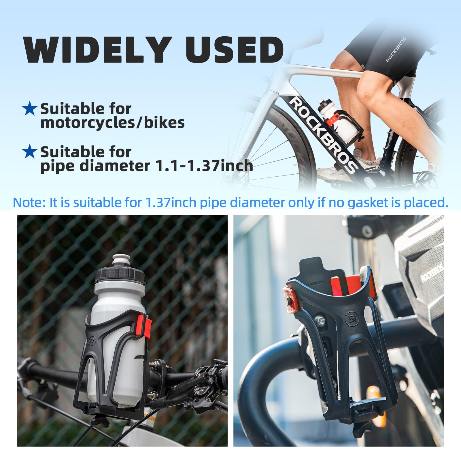 ROCKBROS Adjustable Bike Water Bottle Cage Holder - Universal Fit for 2.3-3