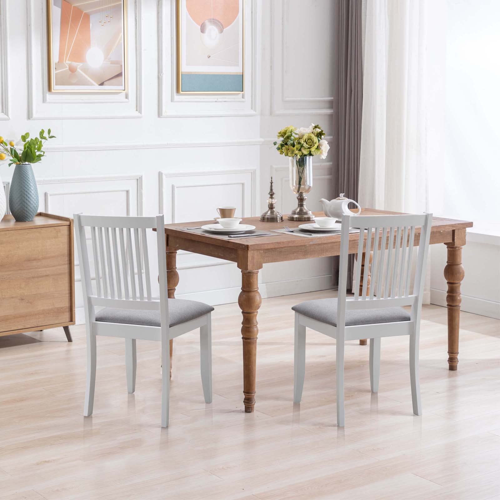 DUHOME 2-Piece Dining Chair Set - Solid Rubber Wood Kitchen Chairs with Comfortable Fabric Seat & Backrest - Armless Modern Dining Room Chairs for Home, Restaurant, Cafe (White) - Perfect for Small Spaces, Breakfast Nooks & Casual Dining Areas