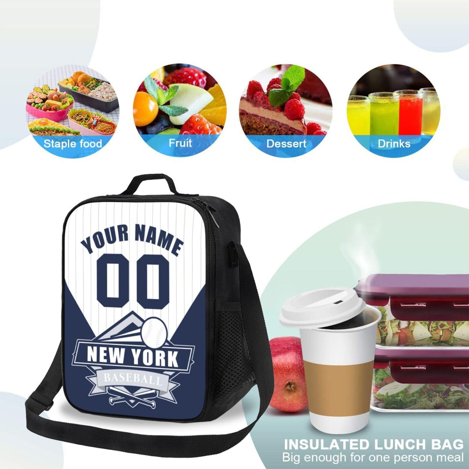 Custom Insulated Lunch Bag with Personalized Name & Number - Portable & Leak-Proof Lunch Box for Work, Gym & School - Great Gift for Men, Women & Sports Fans (New York Style)