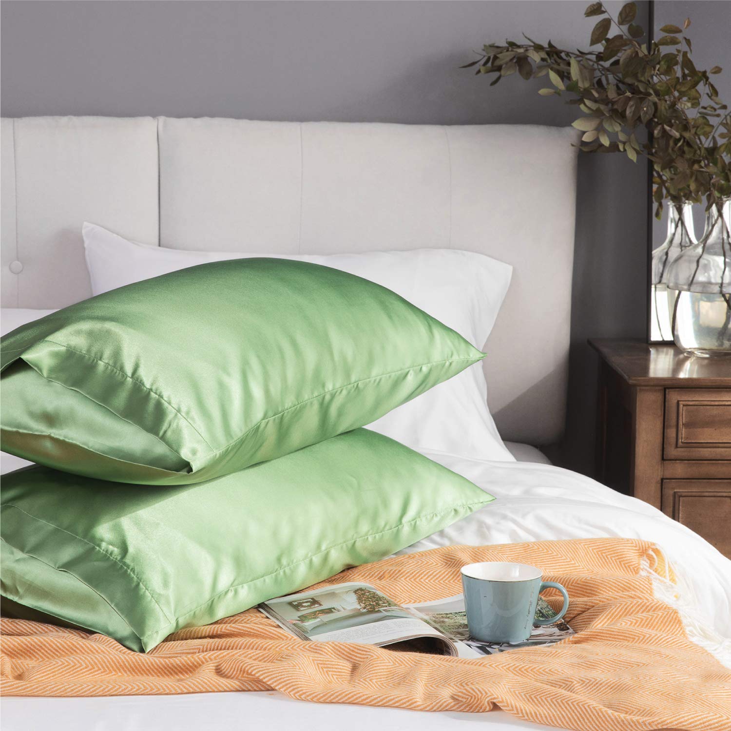 Luxury Satin Pillowcase for Hair and Skin Care - 2 Pack Super Soft Cooling Pillow Covers (20x30 Inches) with Envelope Closure - Sage Green - Perfect for Beauty Sleep, Frizz Control & Skin Hydration