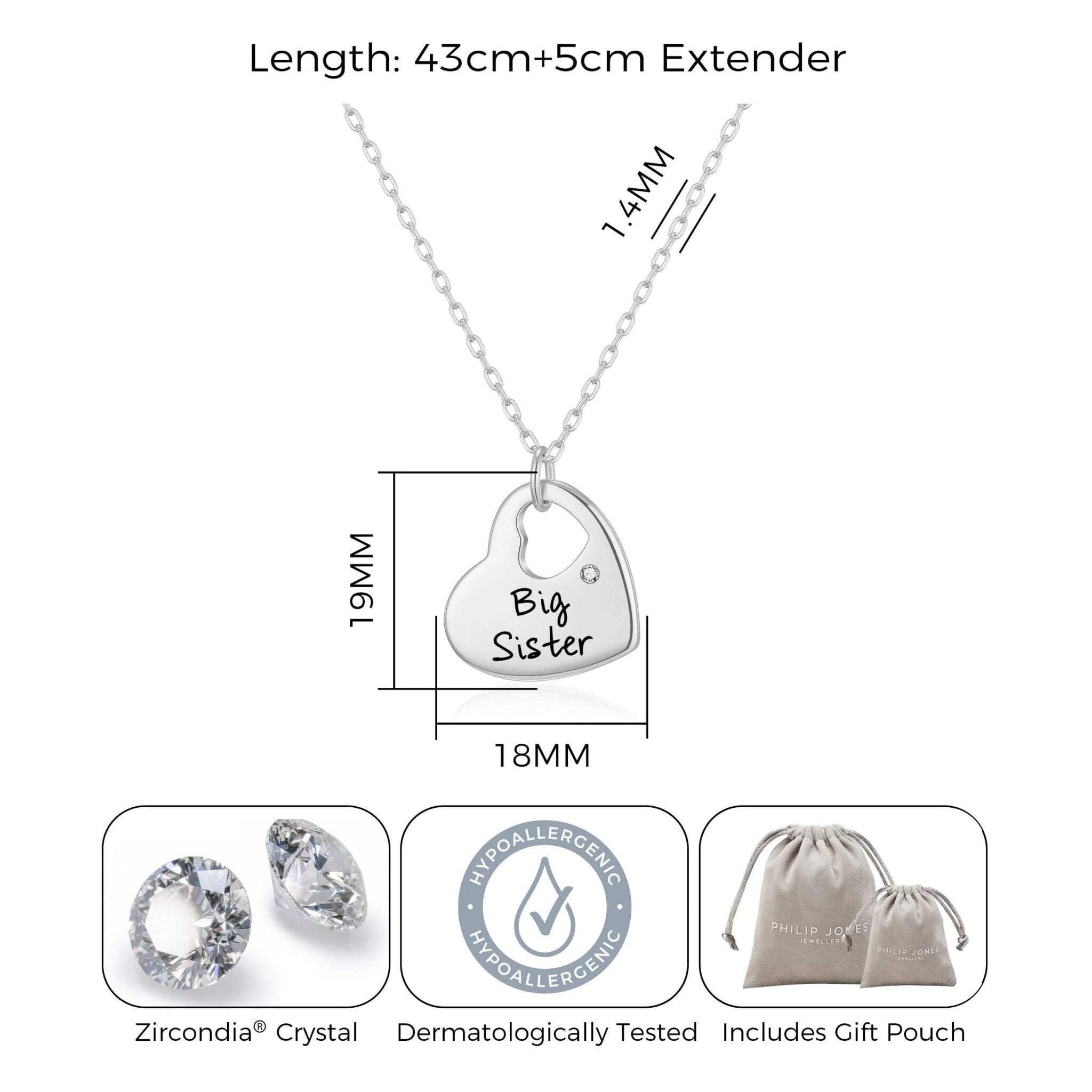 Philip Jones Big Sister Heart Necklace with Zircondia® Crystals - Elegant Gift for Sisters, Birthday & Anniversary Jewelry - Perfect for Special Occasions & Everyday Wear