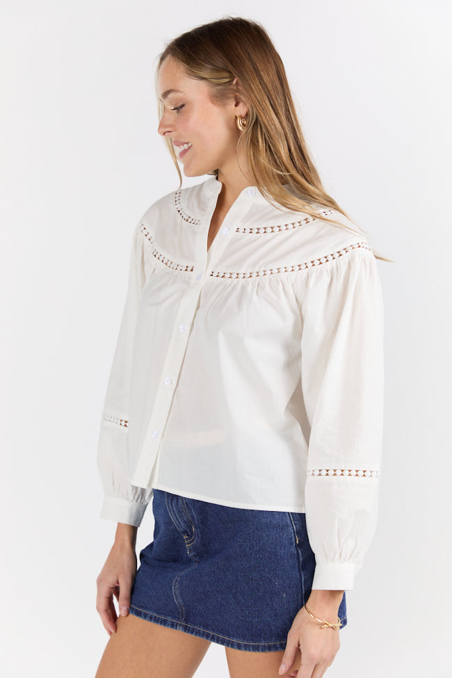 Elegant Ivory Ladder Detail Long Sleeve Woven Blouse for Women - Perfect for Office Wear, Date Nights & Special Occasions
