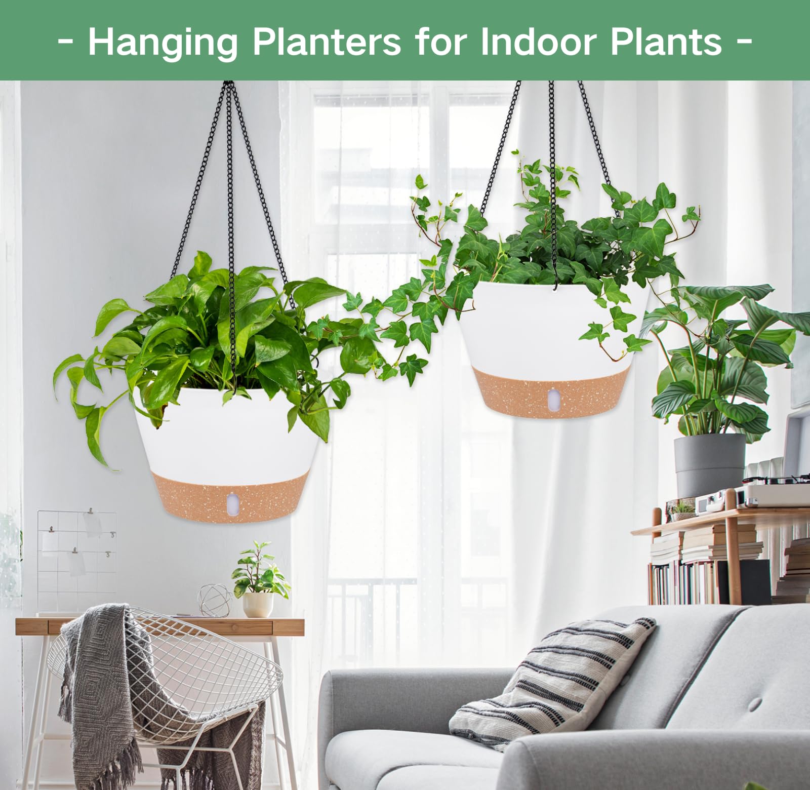 QCQHDU 8 Inch Self-Watering Hanging Planters for Indoor & Outdoor Plants - 2 Pack with Drainage Holes & Removable Tray - Perfect for Balcony, Patio, and Home Decor