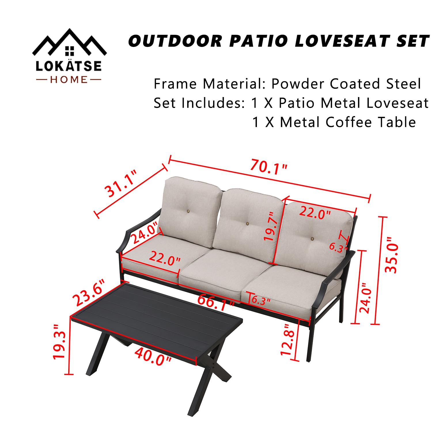 LOKATSE HOME Outdoor Patio Cushioned Loveseat 3-Seater Sofa Bench with Metal Coffee Table - Beige - Perfect for Garden, Backyard, Poolside & Patio Relaxation