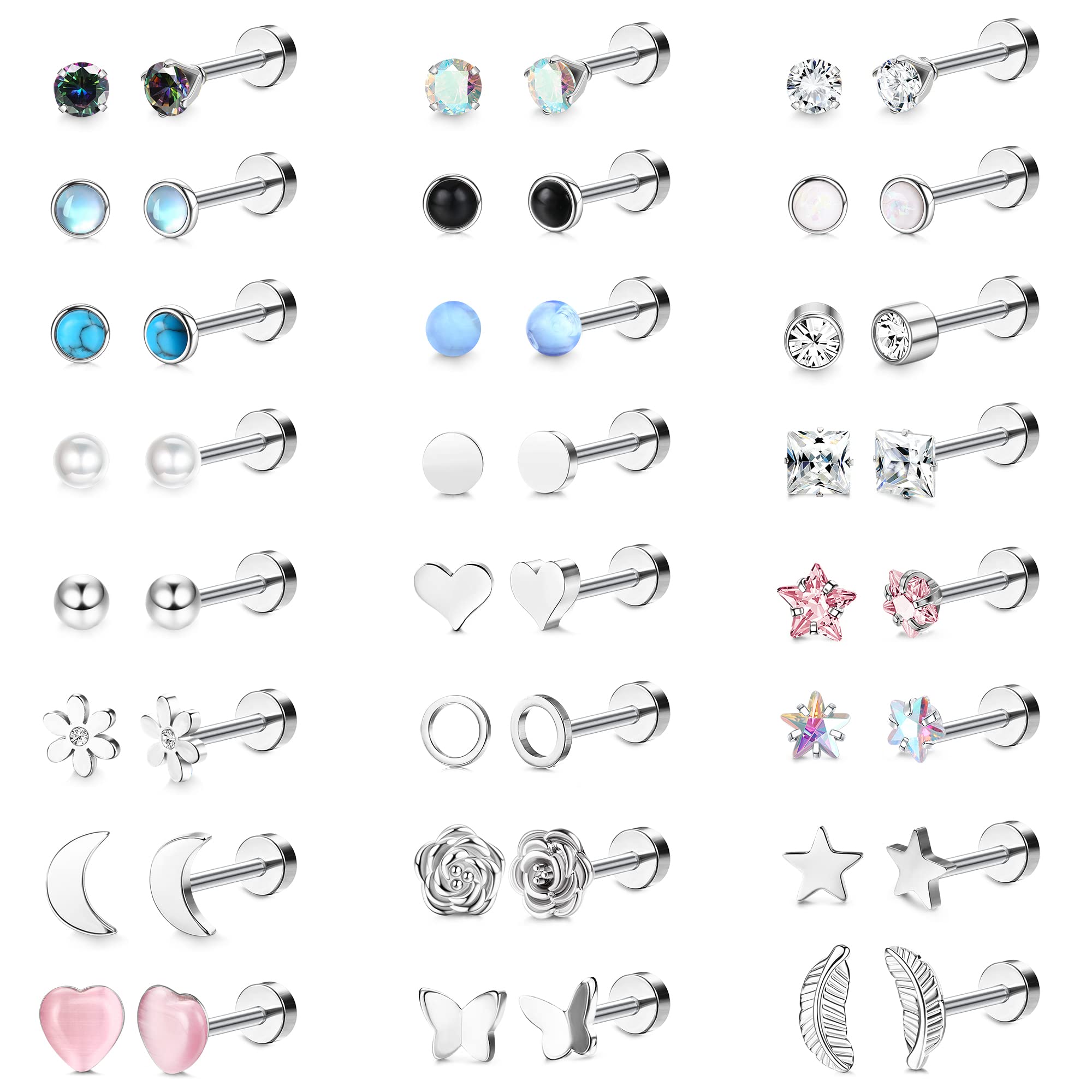 KRFY 24 Pairs Stainless Steel Stud Earrings for Women & Girls - Small Silver Flatback Cubic Zirconia Geometric Studs Set | Perfect for Everyday Wear, Gifts & Special Occasions