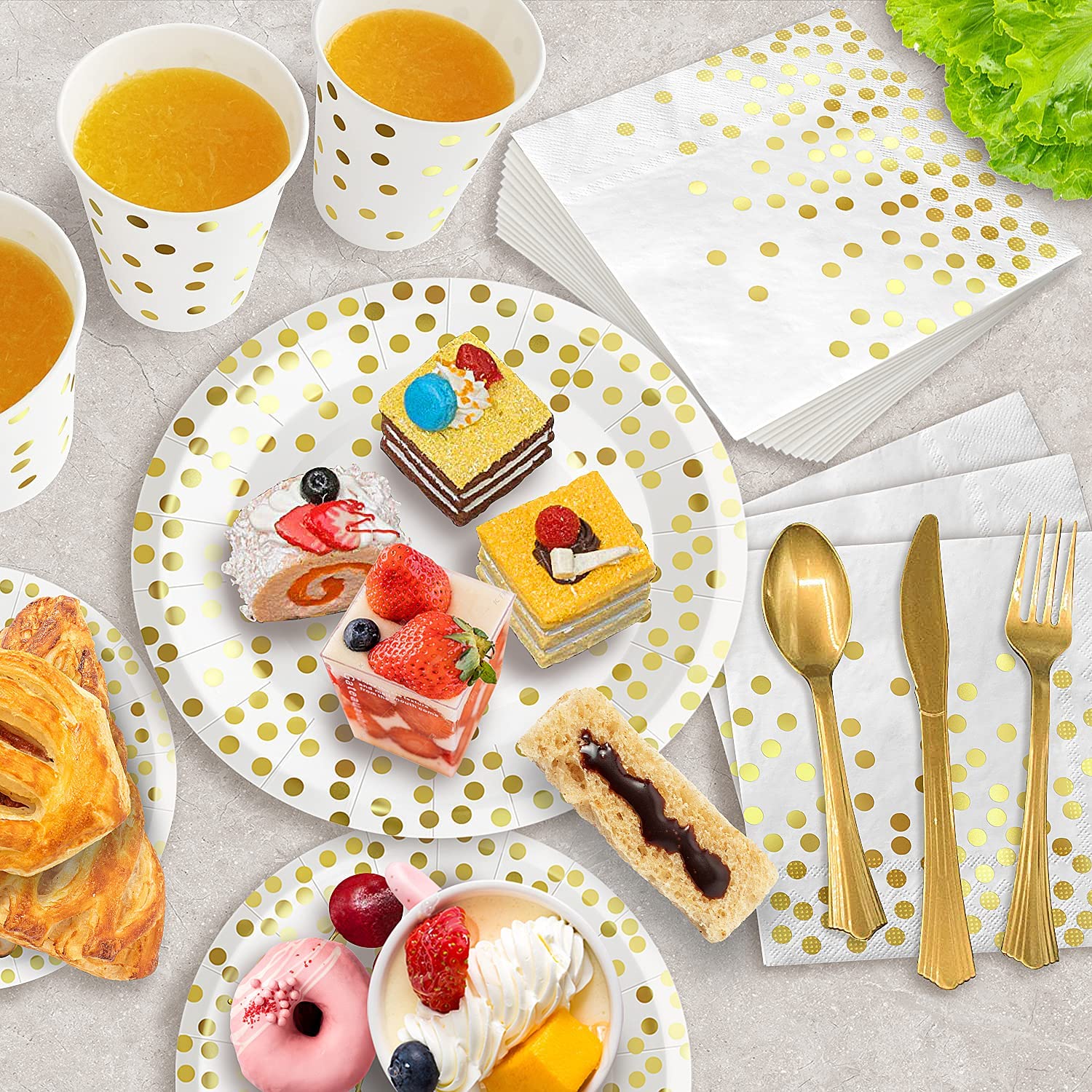 175PCS White and Gold Party Supplies Set - Disposable Dinnerware for 25 Guests with Gold Plastic Cutlery, Golden Dot Paper Plates, White Napkins & Cups - Perfect for Graduation, Birthday, Wedding Celebrations (Elegant Table Setting for Special Occasions)
